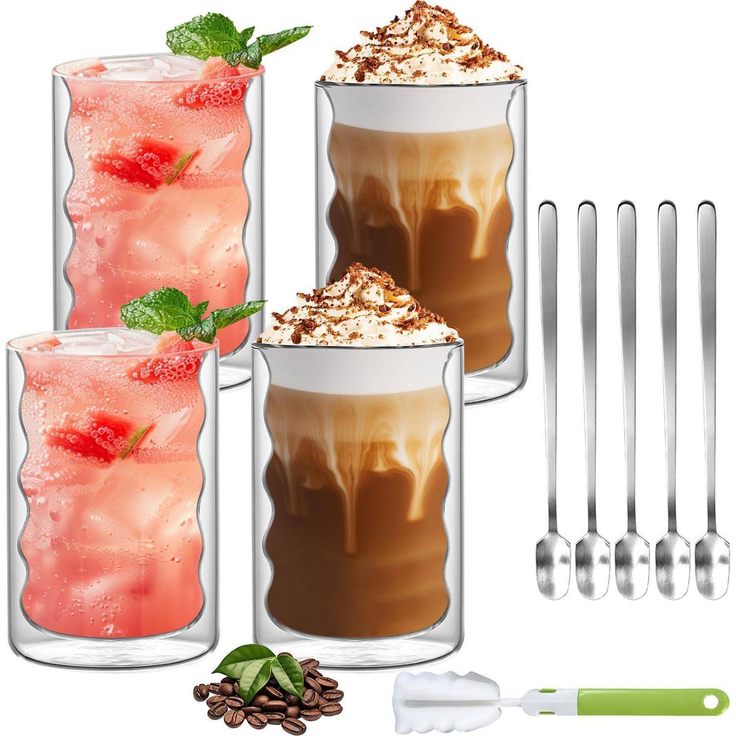Doppelwandige Gläser 350ml mit Löffeln, Borosilikatglas Thermogläser Set