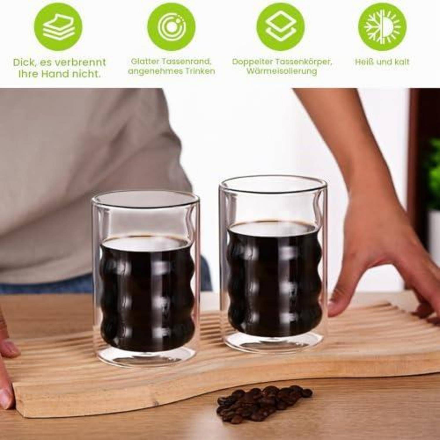 Doppelwandige Gläser 350ml mit Löffeln, Borosilikatglas Thermogläser Set