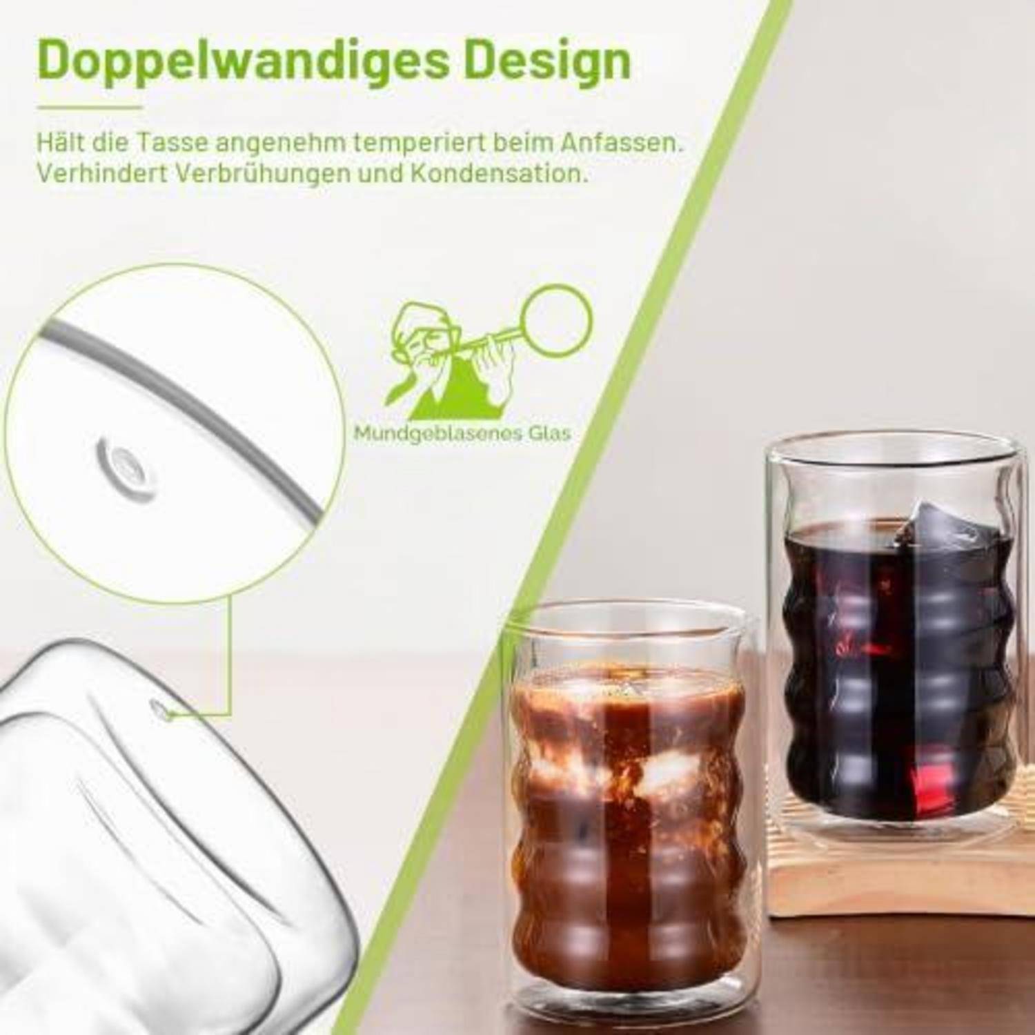 Doppelwandige Gläser 350ml mit Löffeln, Borosilikatglas Thermogläser Set