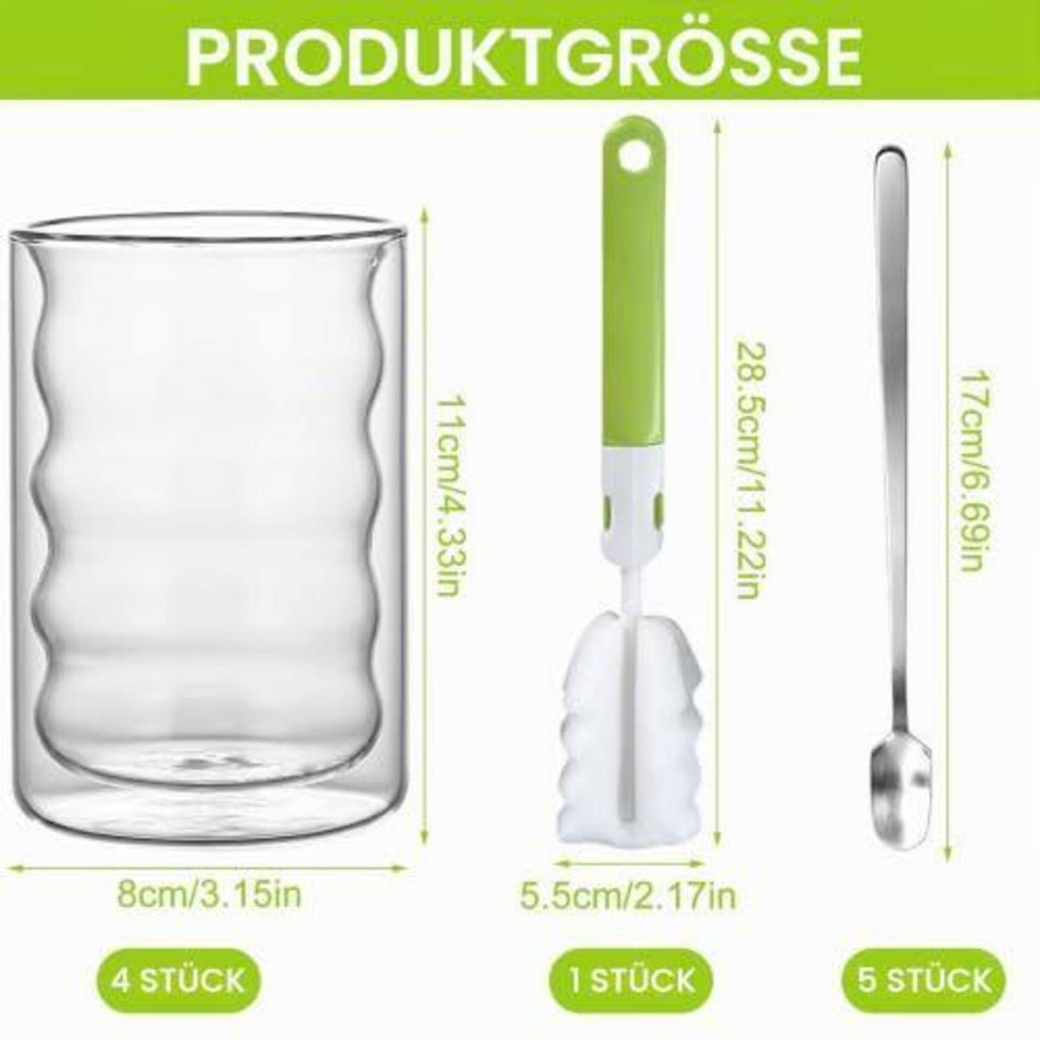 Doppelwandige Gläser 350ml mit Löffeln, Borosilikatglas Thermogläser Set