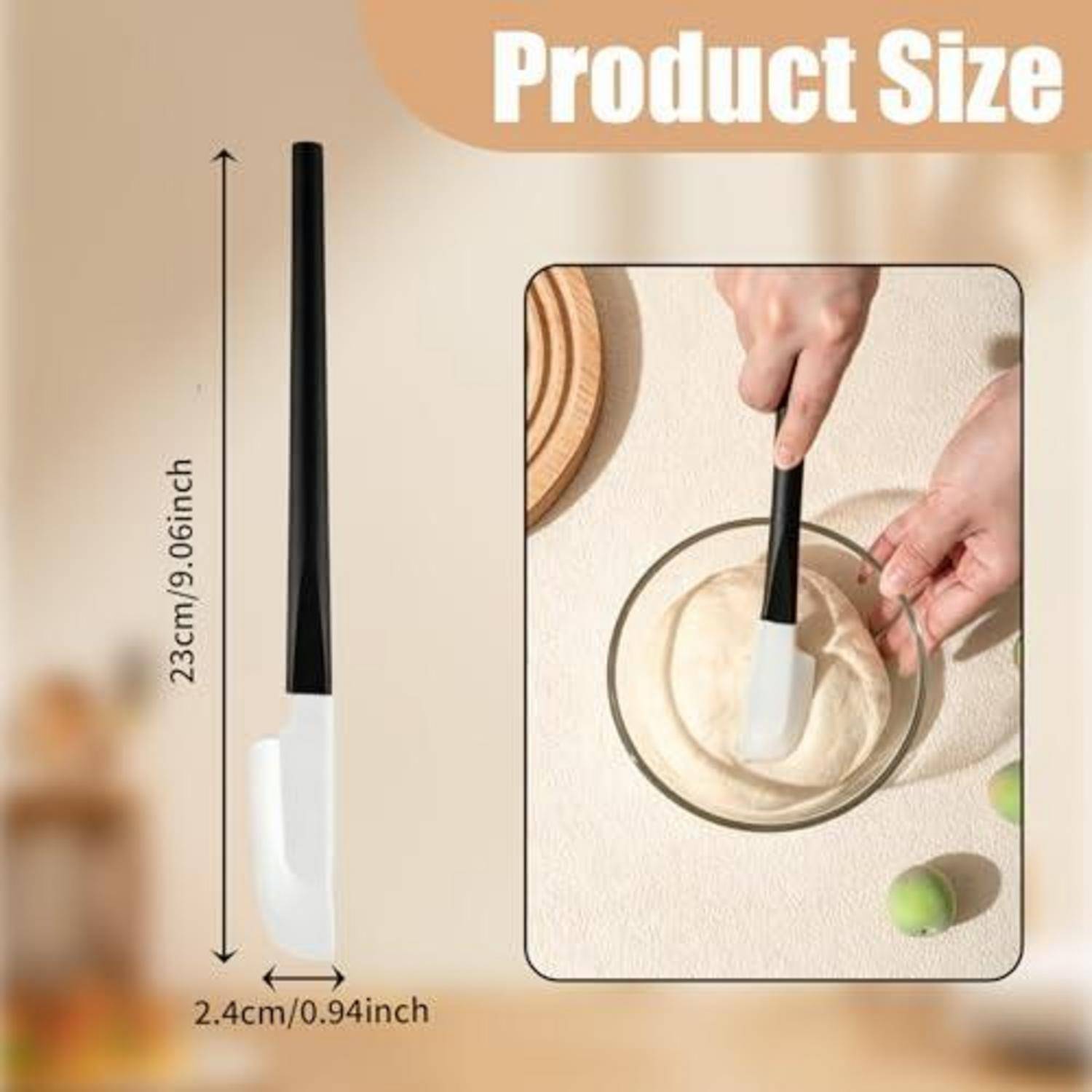 Das Größendiagramm des Produkts zeigt einen Spatel: 23 cm (9,06 Zoll) lang und 2,4 cm (0,94 Zoll) breit, plus eine Hand, die ihn zum Rühren von Teig in einer Schüssel verwendet.