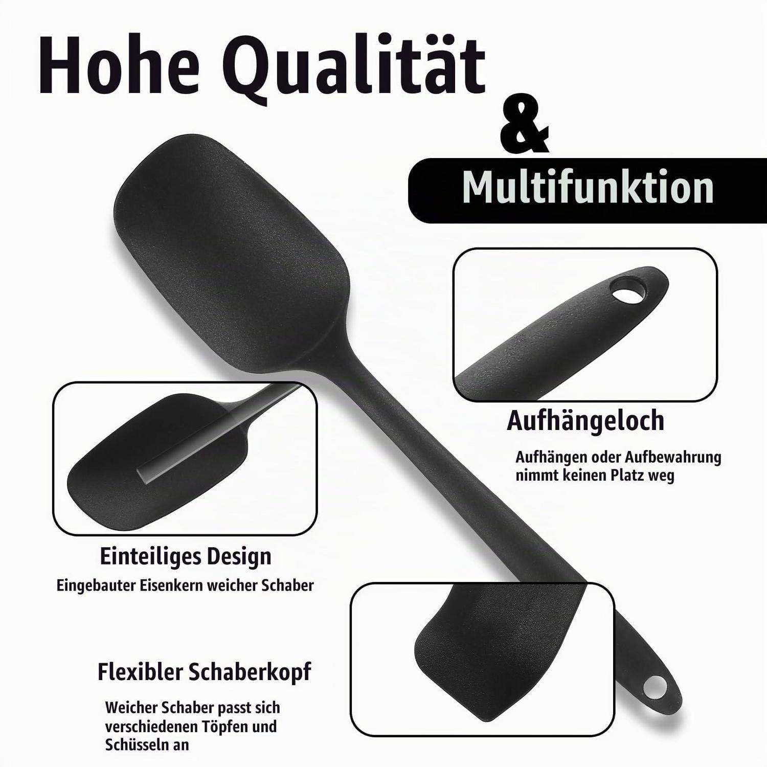 Schwarzer einteiliger Silikonspatel mit Griffloch, gezeigt als multifunktionales Küchenwerkzeug mit flexiblem Schaberkopf und Eisenkern; deutsche Etiketten heben Qualität, Lagerung und Flexibilität hervor.