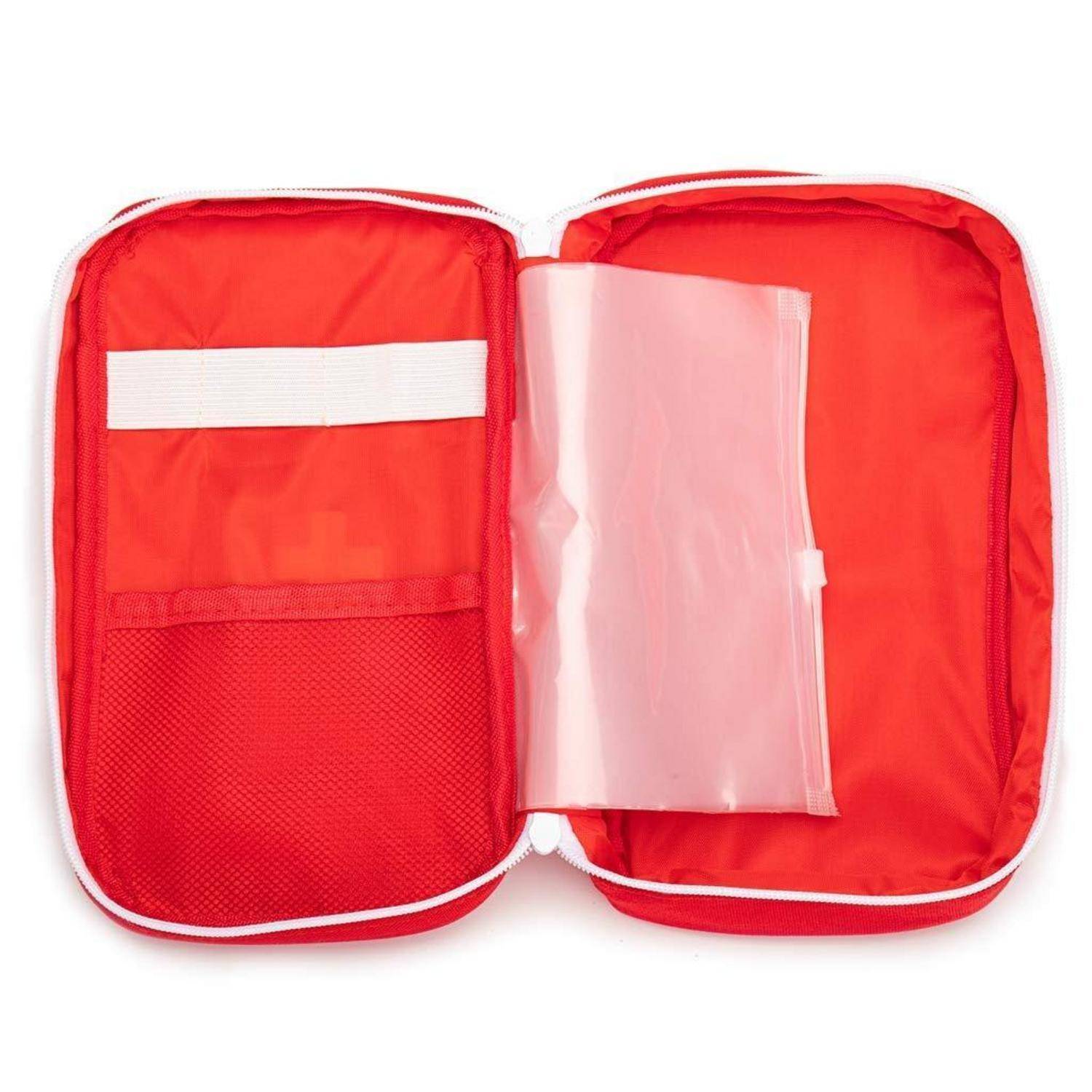 Offene rote Reißverschluss-Organizer-Tasche mit Netztasche, elastischem Riemen und transparenten Kunststoffhüllen im Inneren.