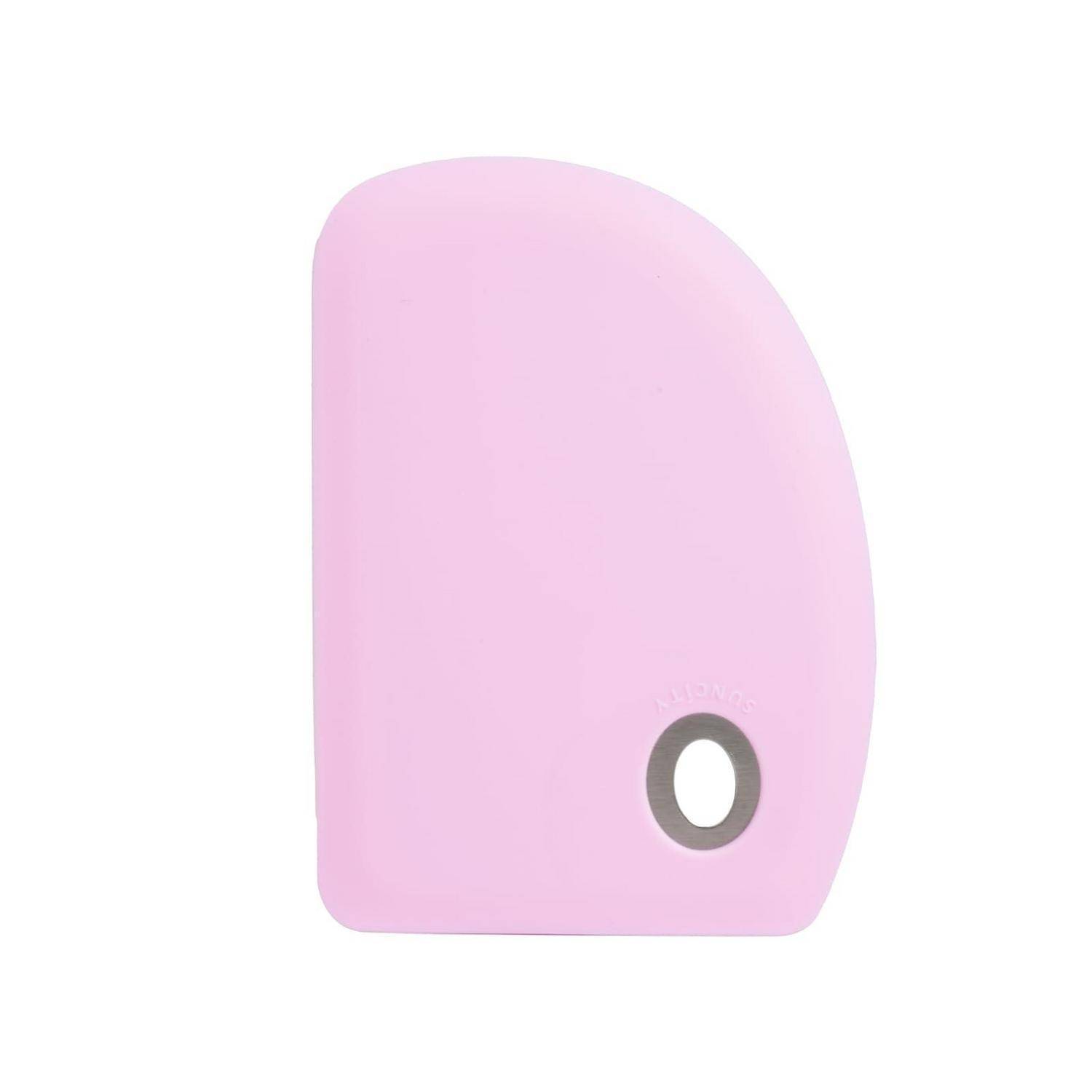 Zartes Rosa abgerundete rechteckige Vorrichtung oder Gehäuse mit einem kleinen kreisförmigen grauen Ring in der Nähe der unteren rechten Ecke auf weißem Hintergrund.