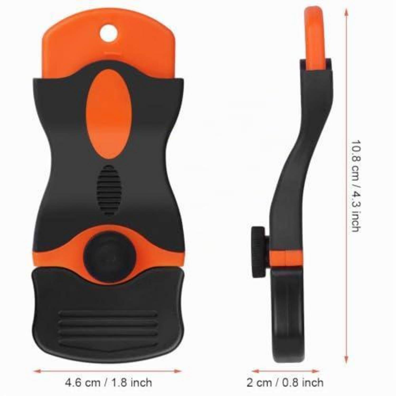 Schwarz-orange tragbarer Werkzeughalter in Front- und Seitenansicht dargestellt, mit einer Höhe von 10,8 cm, einer Breite von 4,6 cm und einer Tiefe von 2 cm.