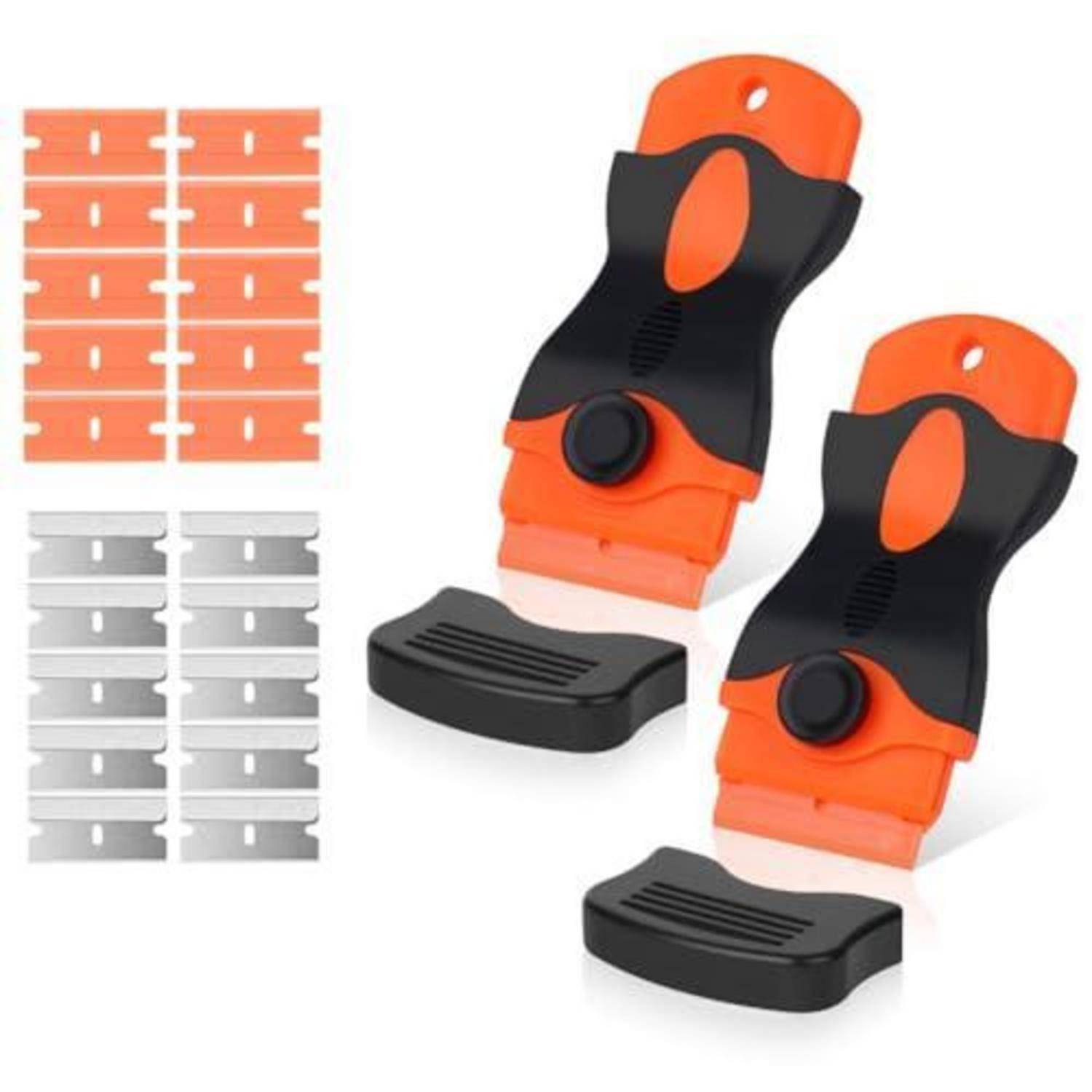 Orange und schwarze Eiskratzer-Handschuhe mit zwei Ersatz-Orangeeinsätzen und zwei Ersatz-Grau-Klingeneinsätzen auf weißem Hintergrund.