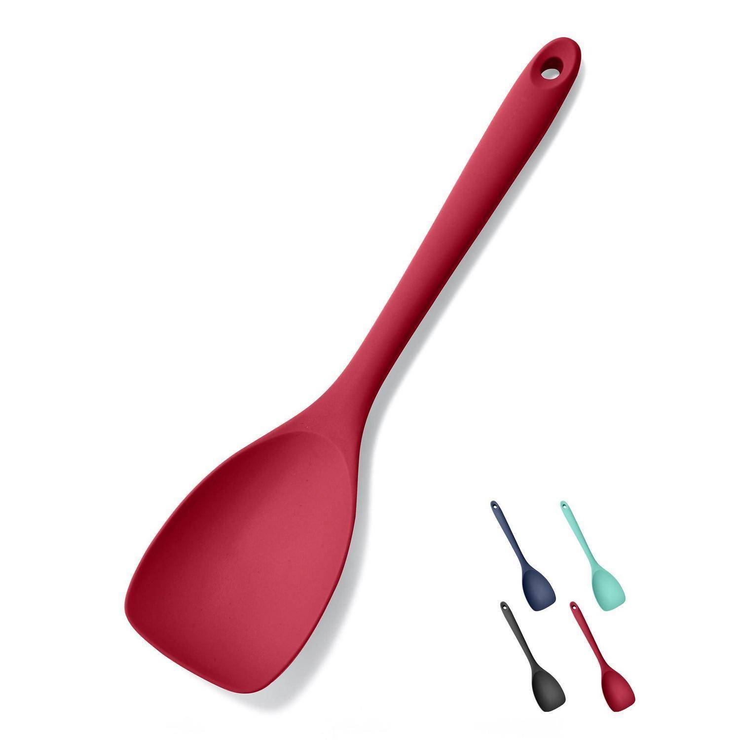 Roter Silikonspatel-Löffel mit langem Griff und Aufhängeloch, gezeigt mit vier kleineren Farbvariationen in der Ecke.