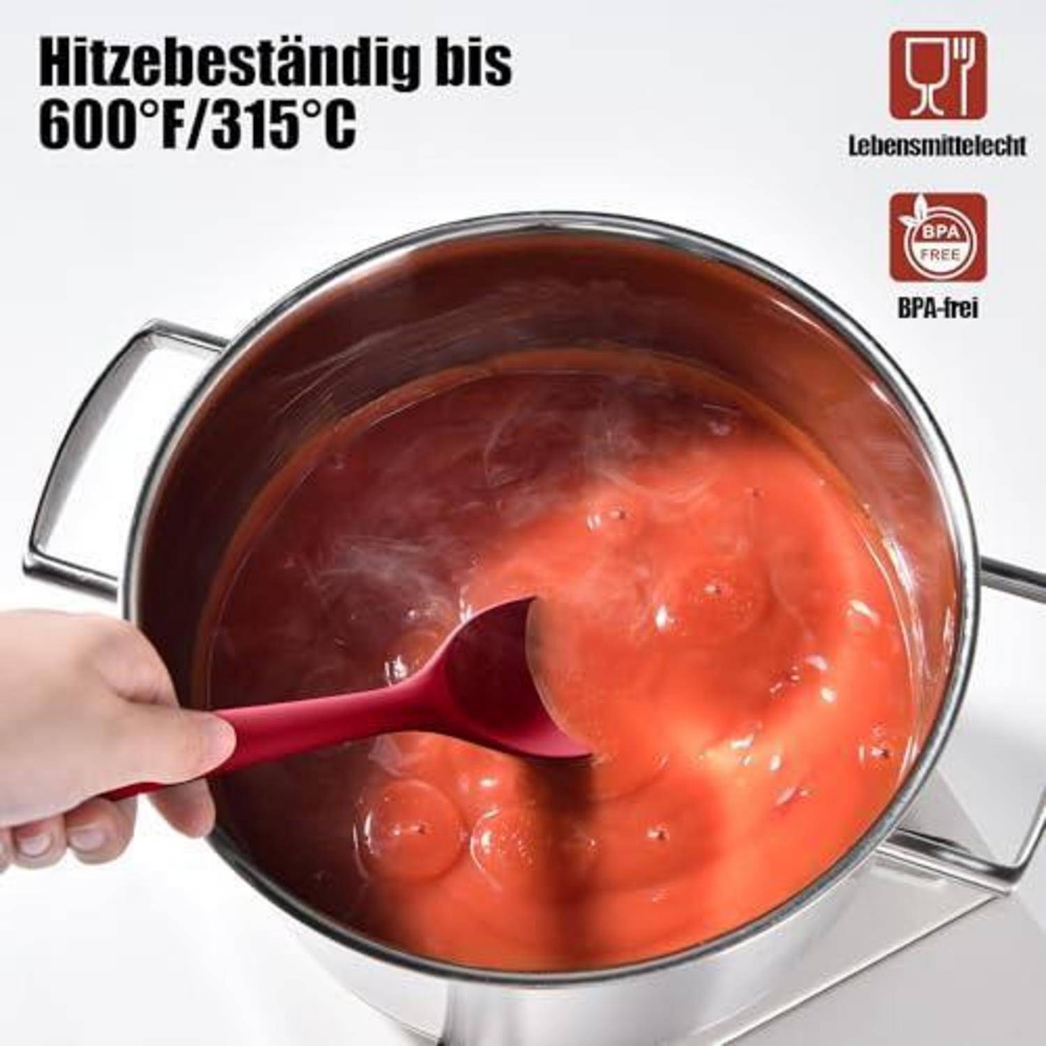 Eine Hand rührt Suppe in einem MetallTopf mit einem roten Löffel um; der Text sagt „hitzebeständig bis 600°F/315°C