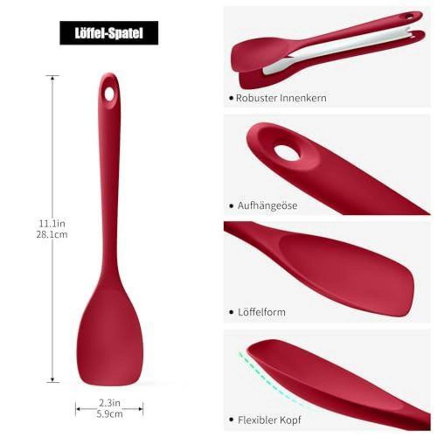 Roter Kunststoff-'Löffel-Spatel' Löffel-Spatel mit den Abmessungen 11,1 Zoll x 2,3 Zoll und Beschriftungen für stabilen Kern, Aufhängeloch, Löffelform und flexiblen Kopf.