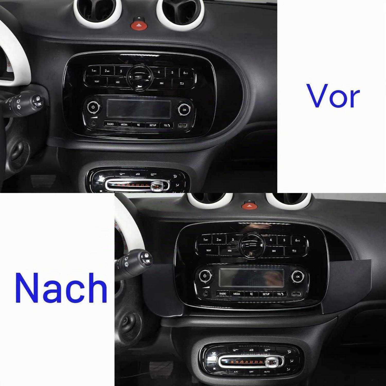 Geteilte Vorher-Nachher-Ansicht einer Auto-Armaturenbrett-Mittelbahn, die das Stereo- und Klimaanlagensystem mit einer neu installierten schwarzen Verkleidungsblende zeigt.