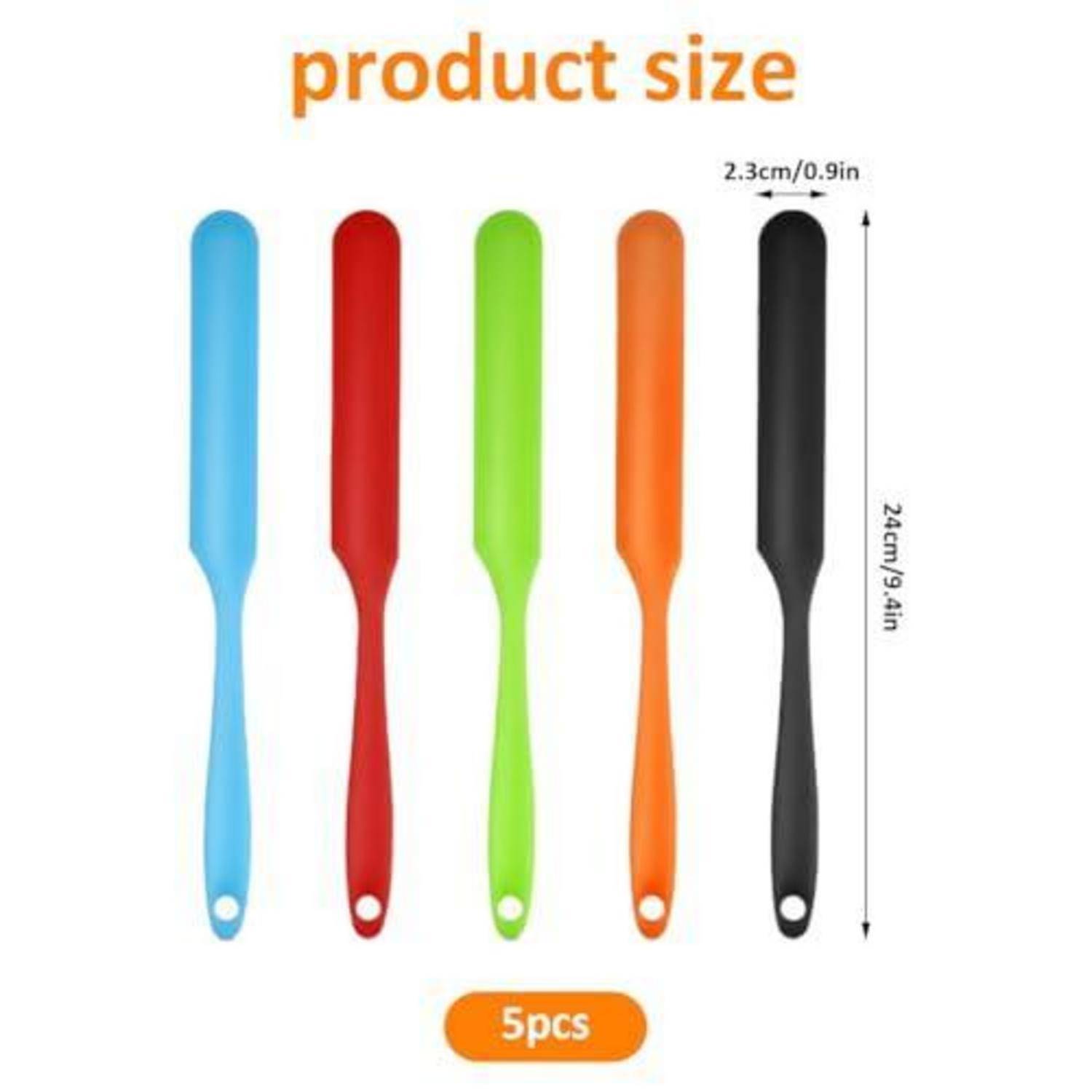 Größendiagramm für Produkte mit fünf Silikon-Spachteln in Blau, Rot, Grün, Orange und Schwarz, jeweils 24 cm lang und 2,3 cm breit; das Set enthält 5 Teile.
