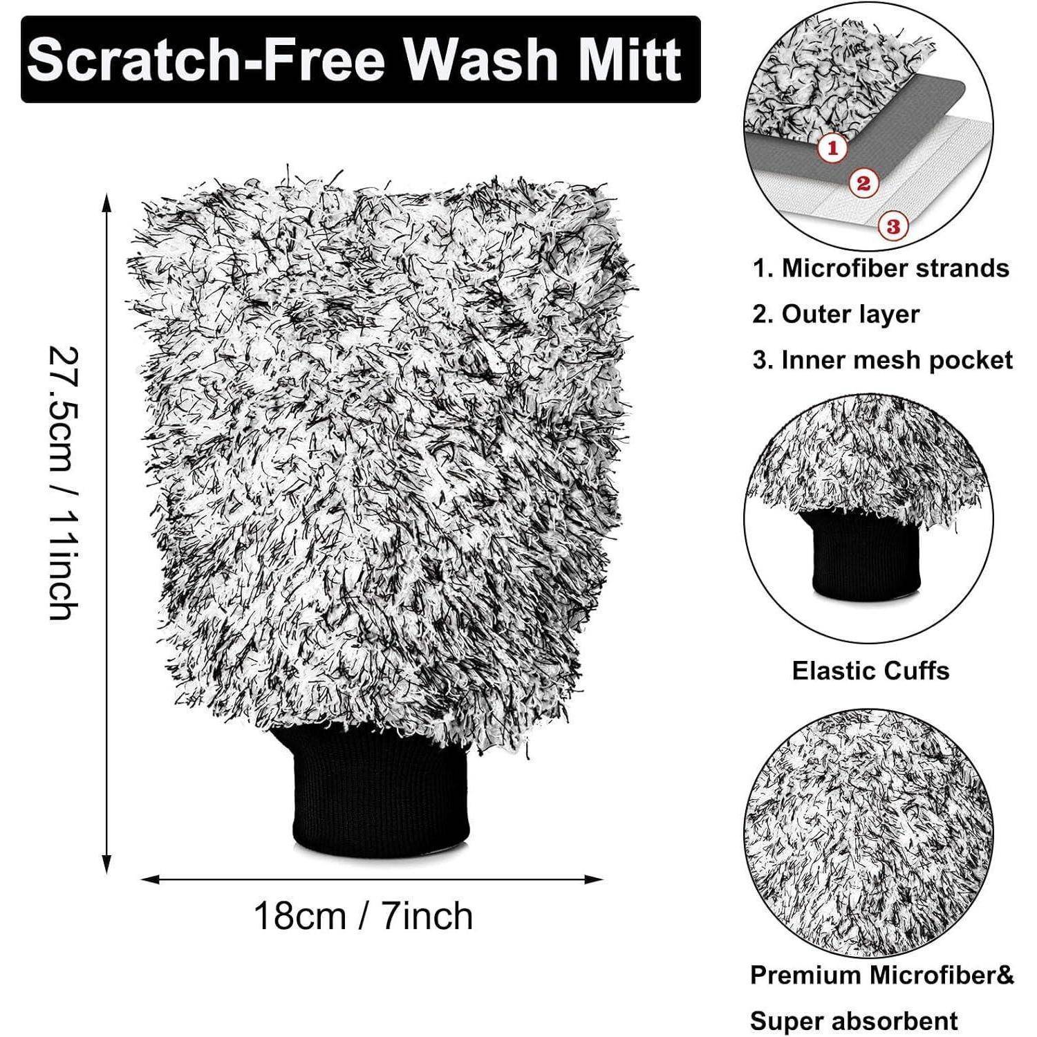 Kratzfreier Waschlappen aus hochwertigem Mikrofaser mit elastischer Manschette und innerer Netztasche; Größe: 27,5 cm hoch x 18 cm breit.