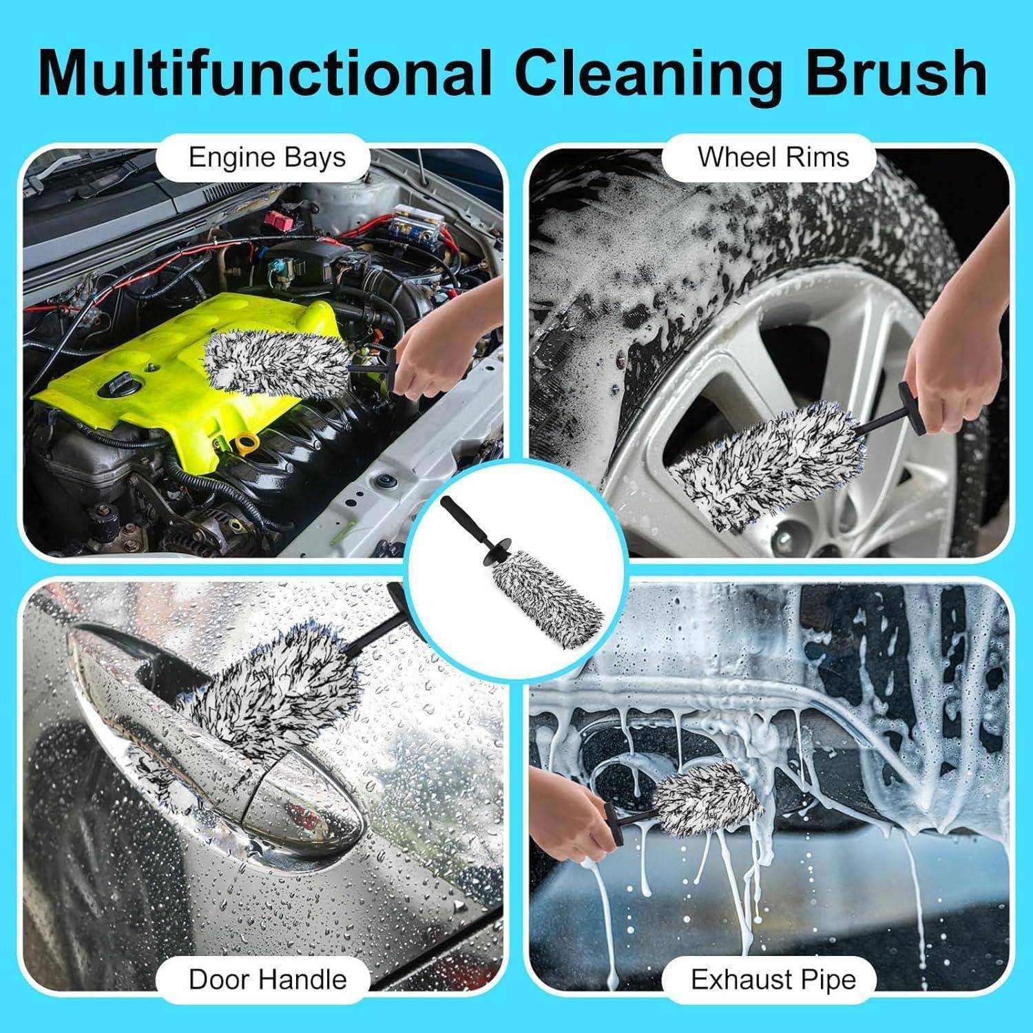 Werbebild für eine multifunktionale Reinigungsbürste zur Verwendung in Motorräumen, Felgen, Türgriffen und Auspuffrohren.
