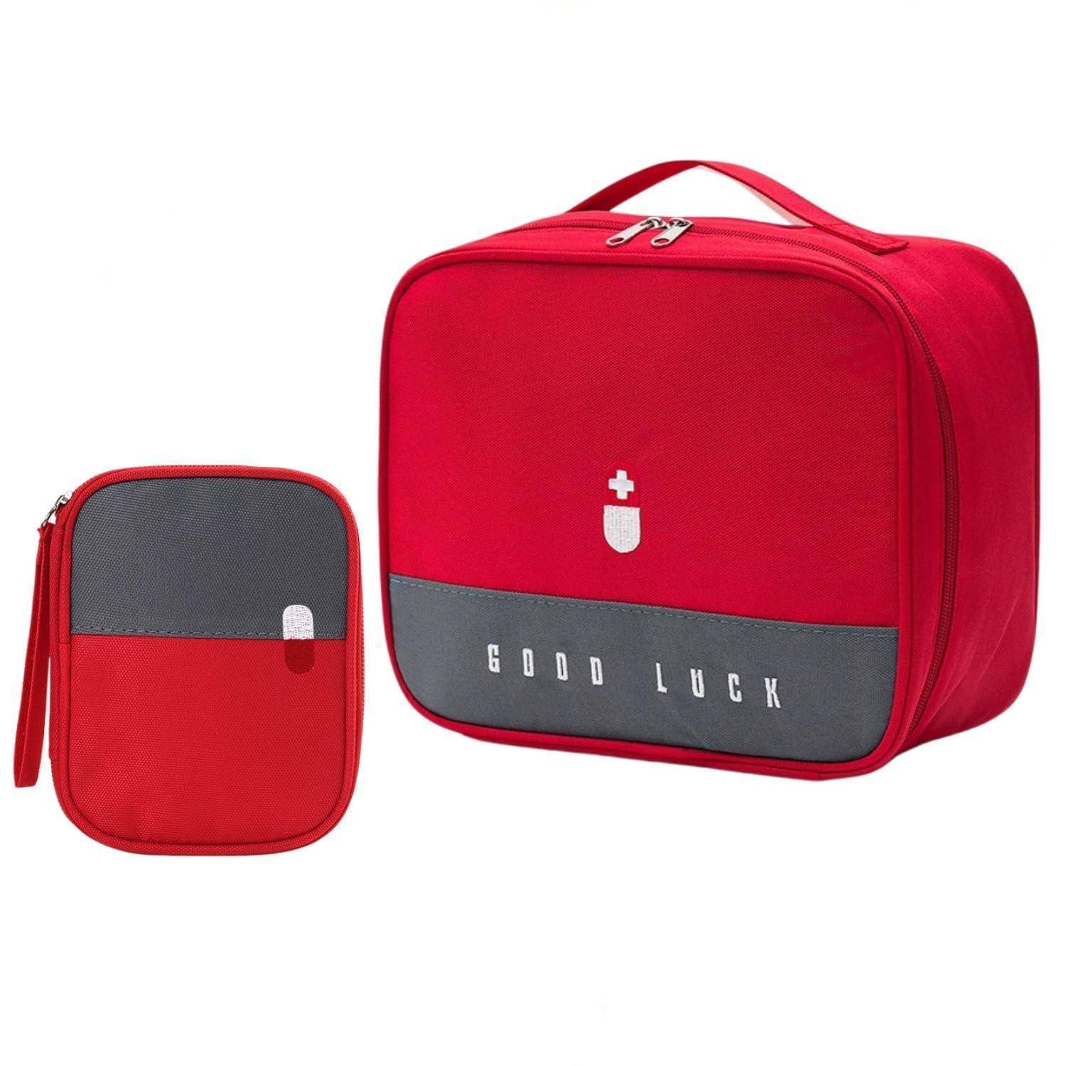 Rote isolierte Lunchbox mit passendem kleinem Beutel mit grauen Paneelen, eines davon mit der Aufschrift „VIEL GLÜCK