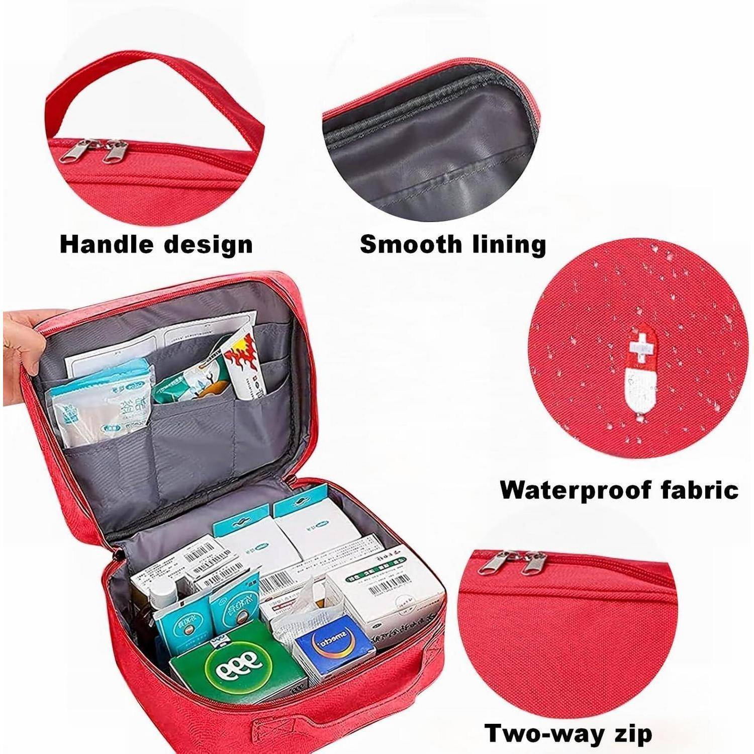 Rote Reise-Kulturtasche, geöffnet, zeigt organisierte Fächer mit Beschriftungen für Griffdesign, glatte Auskleidung, wasserdichtes Gewebe und zweirichtungs-Reißverschluss.