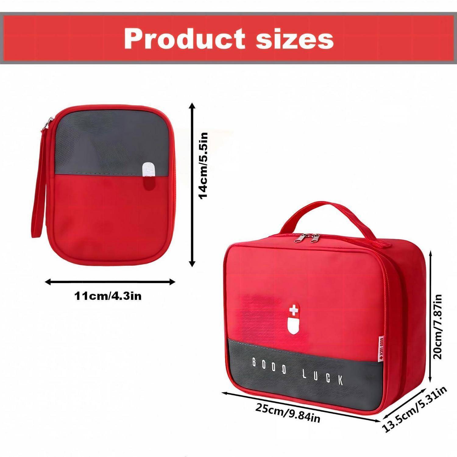 Größentabelle für Produkte mit einer roten Lunchbox: kleine Tasche 14 cm × 11 cm, größere Tasche 25 cm × 20 cm × 13,5 cm.