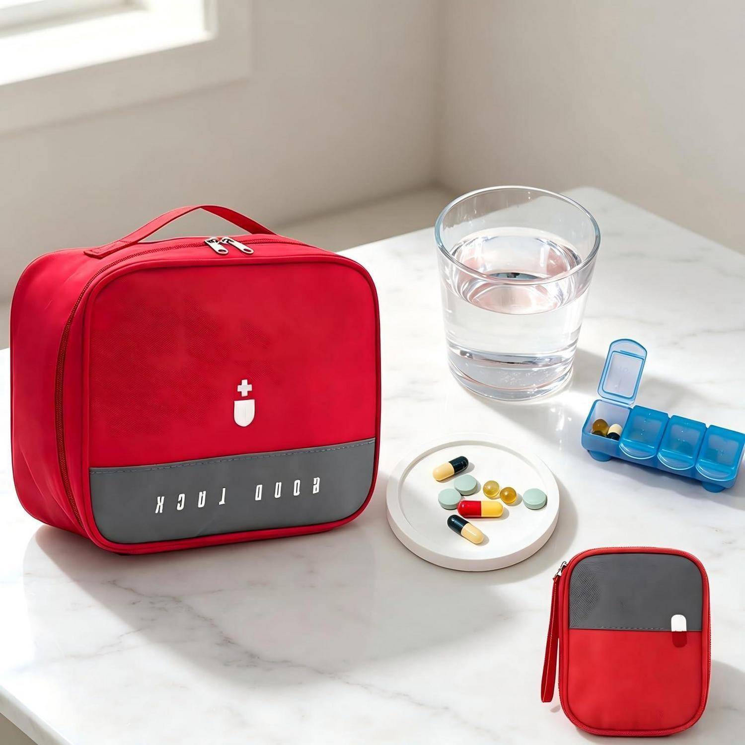 Rote Erste-Hilfe-Ausrüstung mit Pillen, ein Glas Wasser und ein wöchentlicher Pillenorganizer auf einem weißen Tisch.