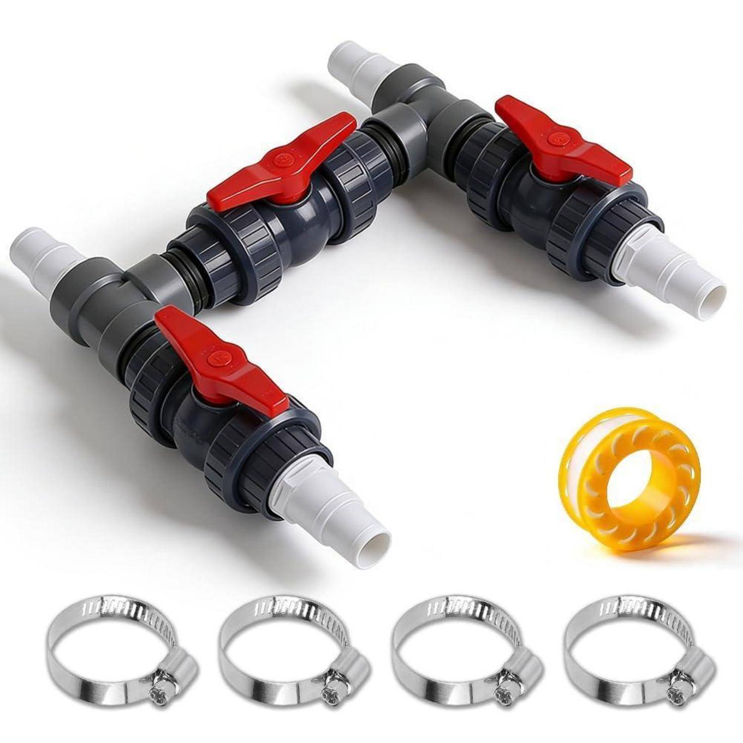 Drei schwarze PVC-Kugelventile mit roten Griffen und weißen Anschlüssen, dargestellt mit einem gelben Dichtungsring und vier Metallschlauchschellen auf weißem Hintergrund.