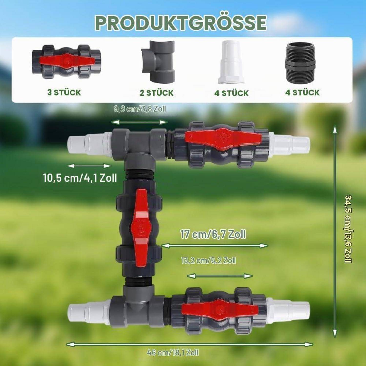 Produktgrößendiagramm für eine Rohrklappenarmatur, das enthaltene Teile und Abmessungen zeigt: 3 Ventile, 2 Bögen, 4 Kappen und 4 Steckverbinder, mit Maßen in cm und Zoll gekennzeichnet.