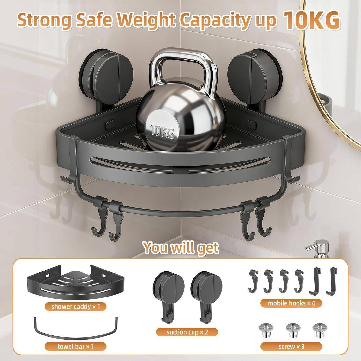 Duschkorb mit Saugnapfen hält ein Gewicht von 10 kg; die enthaltenen Artikel sind ein Korb, eine Handtuchstange, zwei Saugnäpfe, sechs Mobilhaken und drei Schrauben.