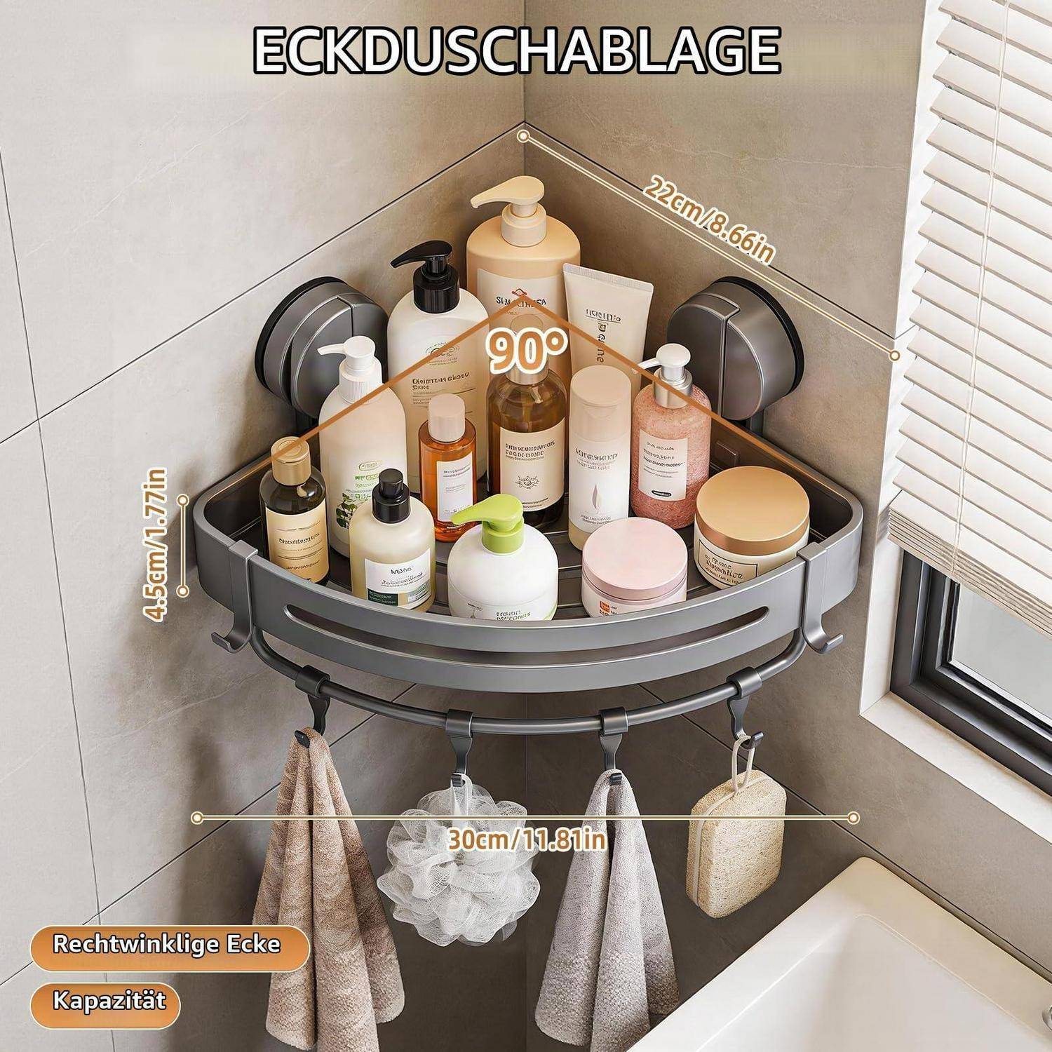 Eckduschablage für das Badezimmer in einer 90-Grad-Ecke, hält Toilettenartikel und hängende Luffas; gekennzeichnet als 'ECKDUSCHABLAGE' mit den Abmessungen 22 cm, 45 cm und 30 cm.