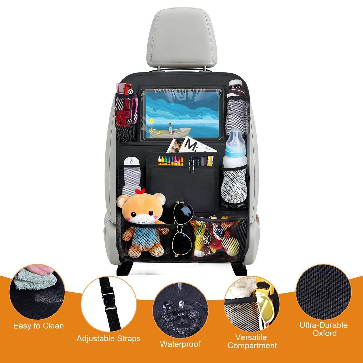 Autositzorganizer mit mehreren Mesh-Taschen für Spielzeug, Flasche, Buntstifte und Sonnenbrillen; untere Etiketten heben hervor: leicht zu reinigen, verstellbare Riemen, wasserdicht, vielseitiges Fach und ultra-strapazierfähiges Oxford.