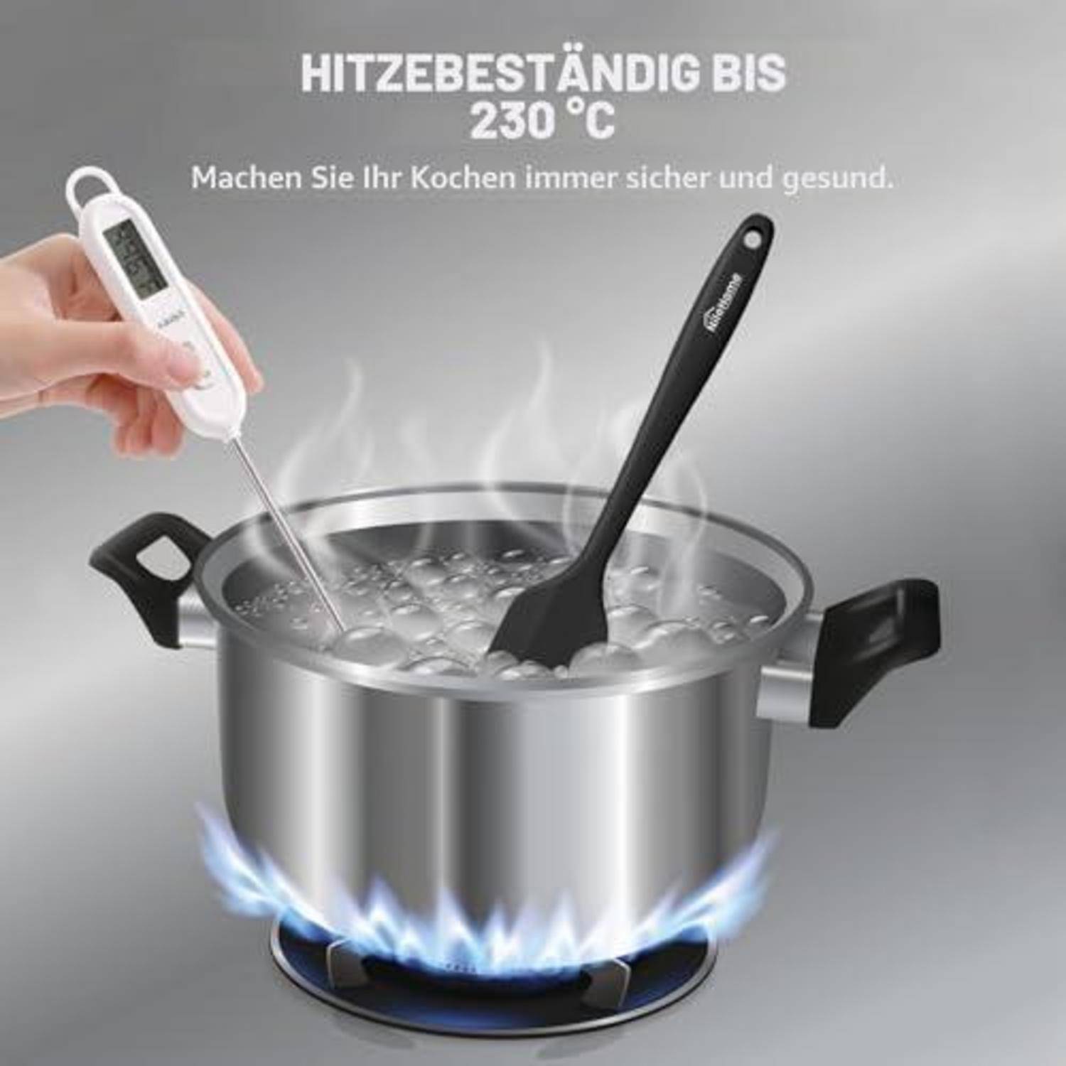 Bild eines Kochtopfs auf einem Gasbrenner mit einem Thermometer, das kochendes Wasser testet, wobei die Hitzebeständigkeit bis zu 230°C und die Küchensicherheit hervorgehoben werden.