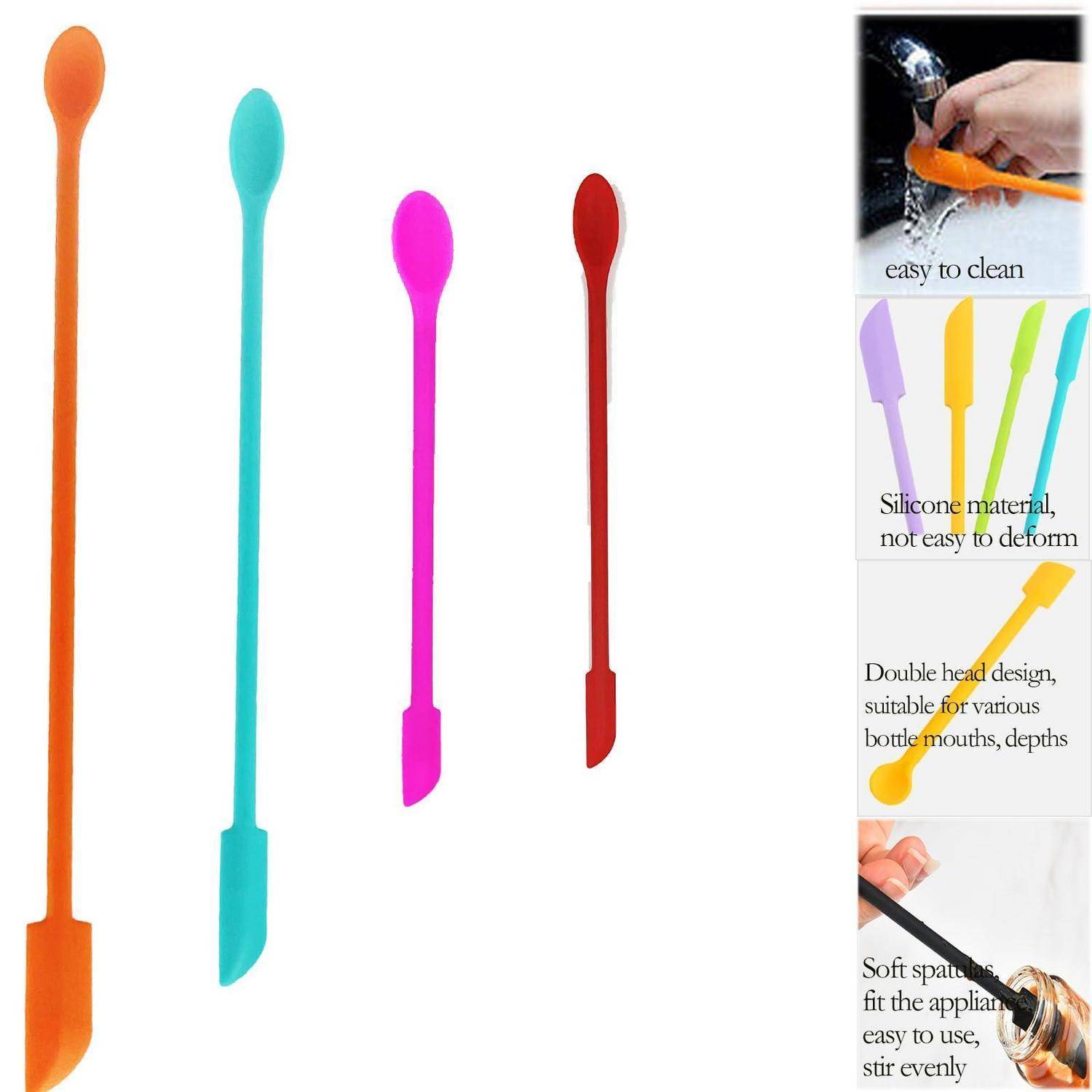 Vier farbenfrohe Silikon-Flaschenreinigungsspatel mit doppelseitigen Kratzern, dargestellt mit Funktionshervorhebungen für einfache Reinigung und flexibles Design.