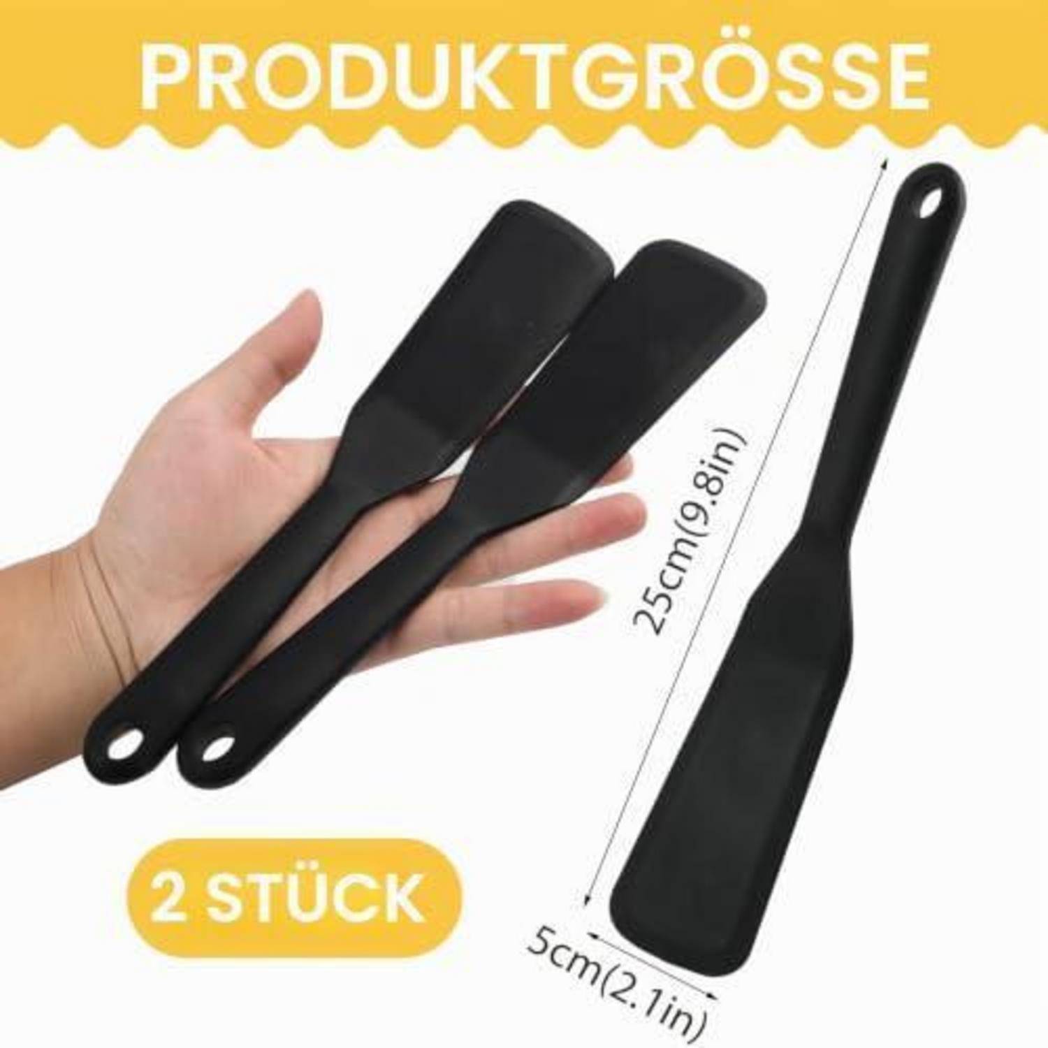 Produktbild zeigt zwei schwarze Spatel, beschriftet mit „PRODUKTGRÖSSE
