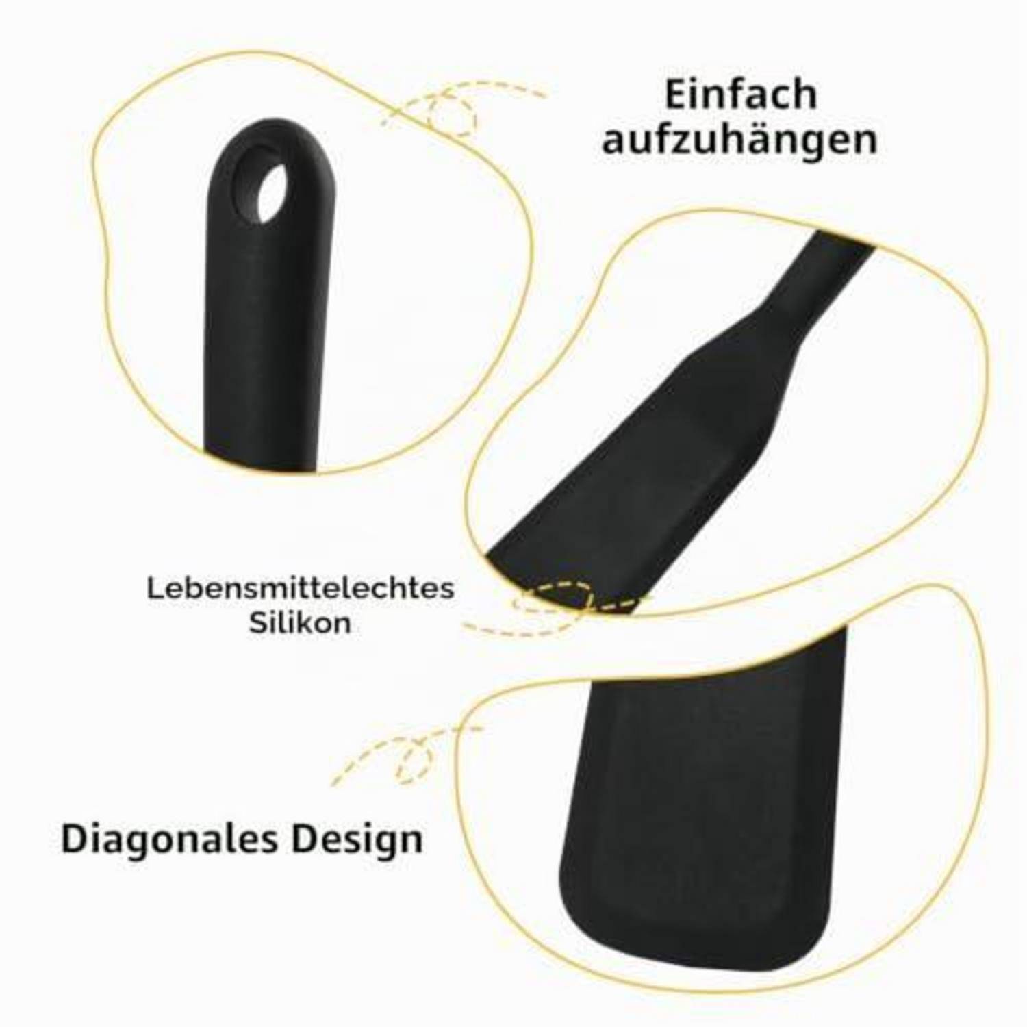 Infografik eines schwarzen Silikonspachtels mit Aufhängeloch, schräger Formgebung und lebensmittelechtem Silikon; Text sagt „Einfach aufzuhängen