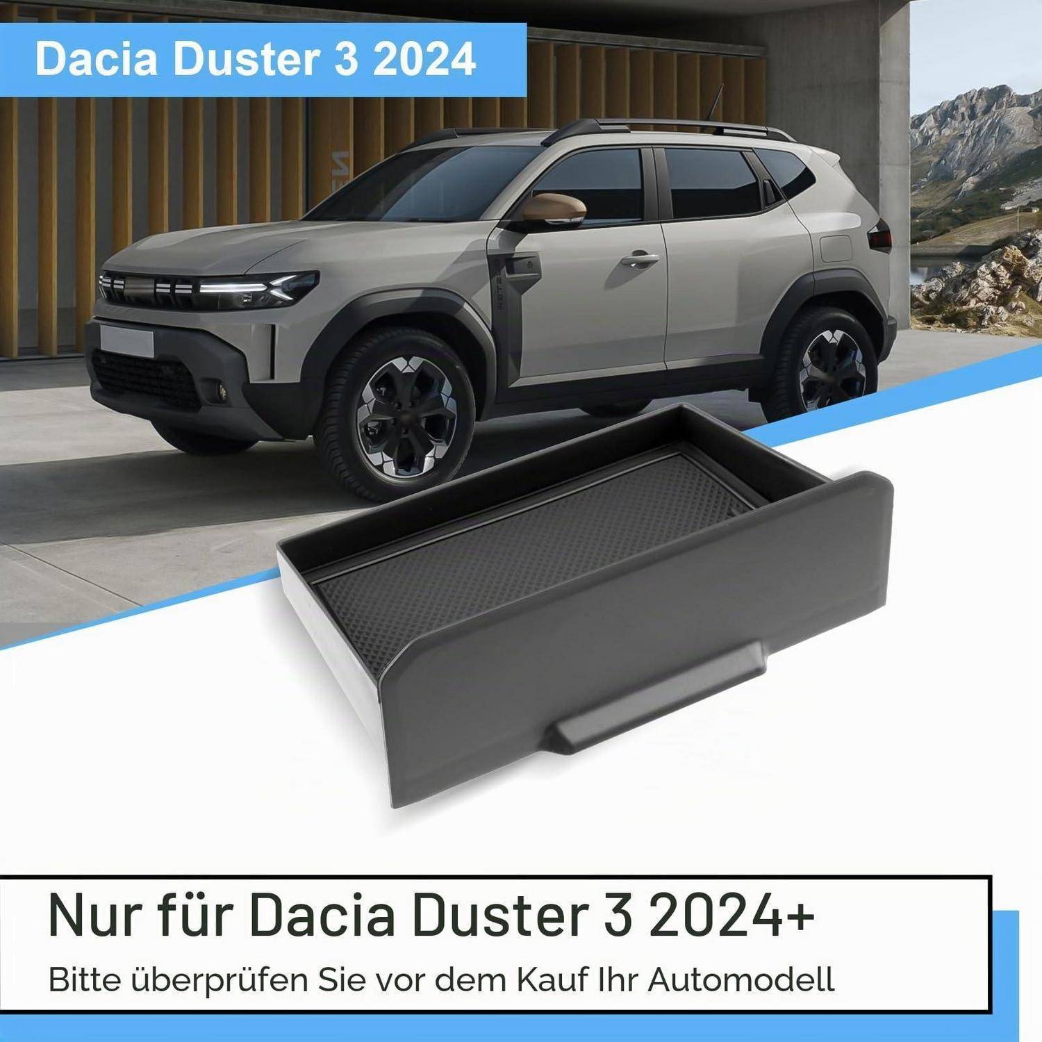 Dacia Duster 3 2024+ Auto mit einem Ladeflächen-Zubehörteil; der Text besagt „Nur für Dacia Duster 3 2024+