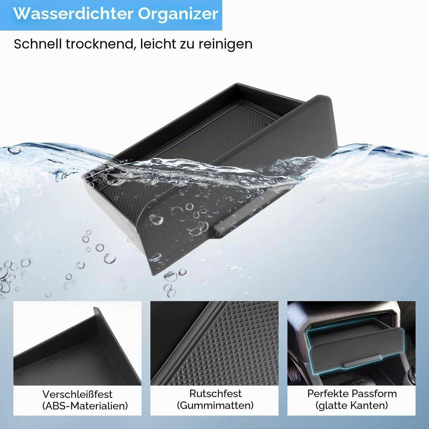 Promocionalbild eines wasserdichten Organisationstabletts im Wasser, gekennzeichnet mit „Wasserdichter Organizer