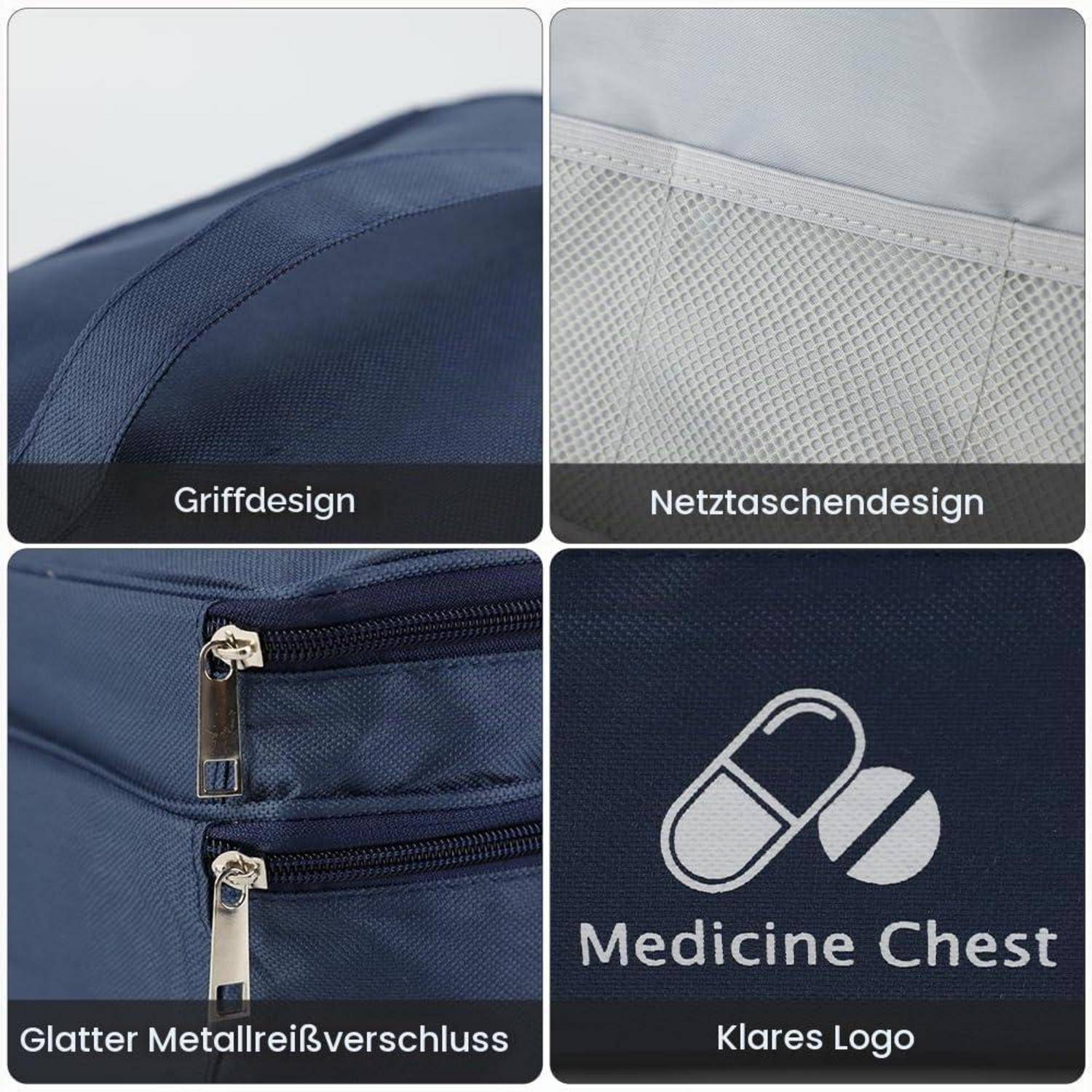 Vierteiliges Produktnah-Bild einer dunkelblau gefärbten Medizintasche: strukturierter Griffstoff, weiße Netztasche, glatte Metallreißverschlüsse und ein klares Logo mit der Aufschrift „Medicine Chest".