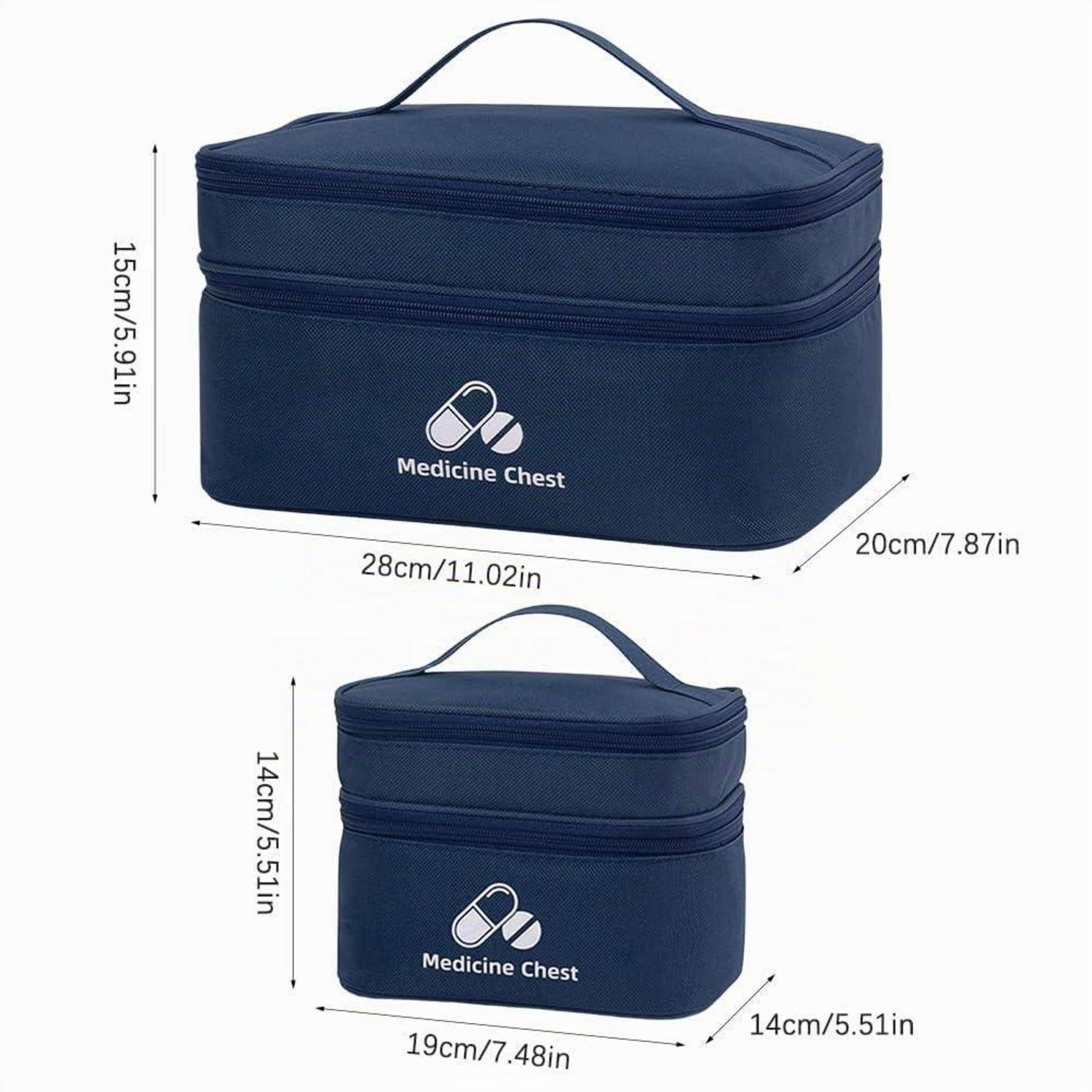 Zwei dunkelblau Medizinschrank-Lagertaschen mit Abmessungen: größer 28 x 20 x 15 cm, kleiner 19 x 14 x 14 cm.