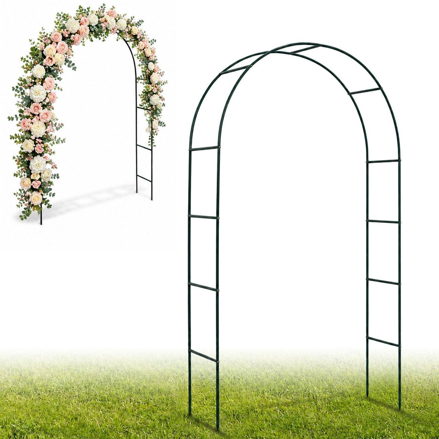 Metallischer Gartenbogen in schlichter und blütendekorierter Version, als Hochzeits- oder Event-Spalier über Gras verwendbar.
