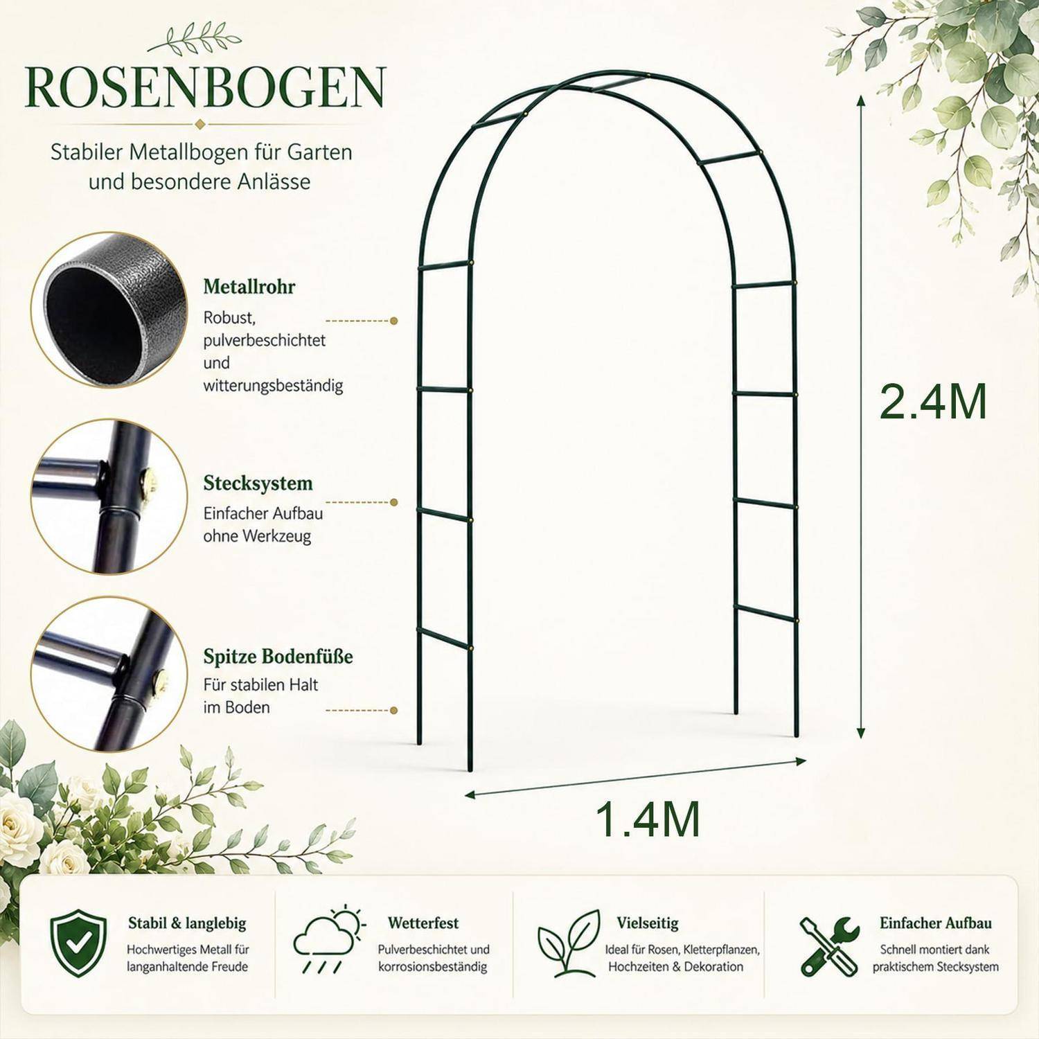 Rosenbogen-Gartenbogen für besondere Anlässe, 2,4 m hoch und 1,4 m breit, mit Stahlrohmen, werkzeugfreies Stecksystem, spitze Füße und witterungsbeständige Oberfläche.