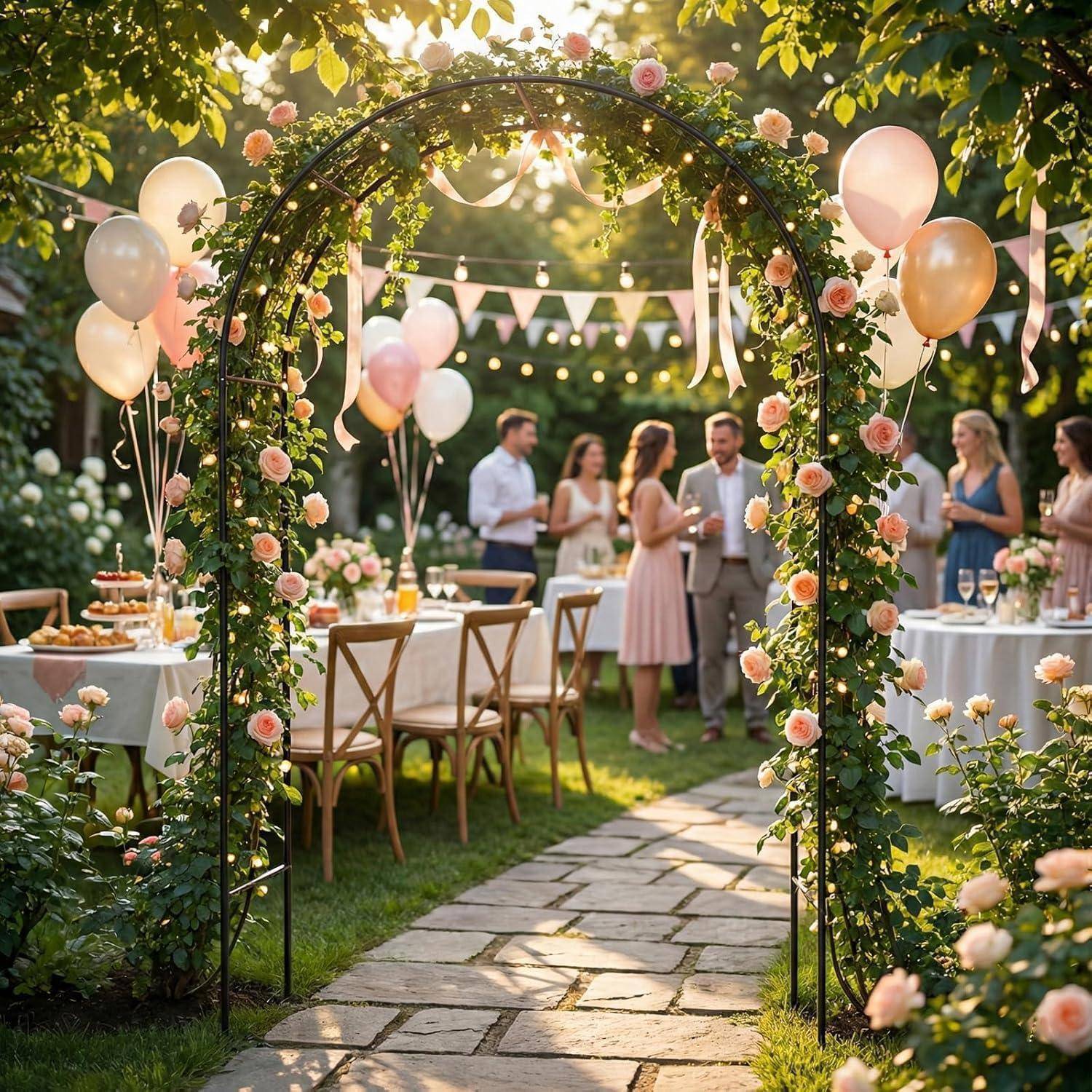 Gartenparty-Empfang mit einem blumengeschmückten Bogen, Ballons, Lichterketten, für Gäste gedeckten Tischen und Menschen, die sich im Freien unterhalten.
