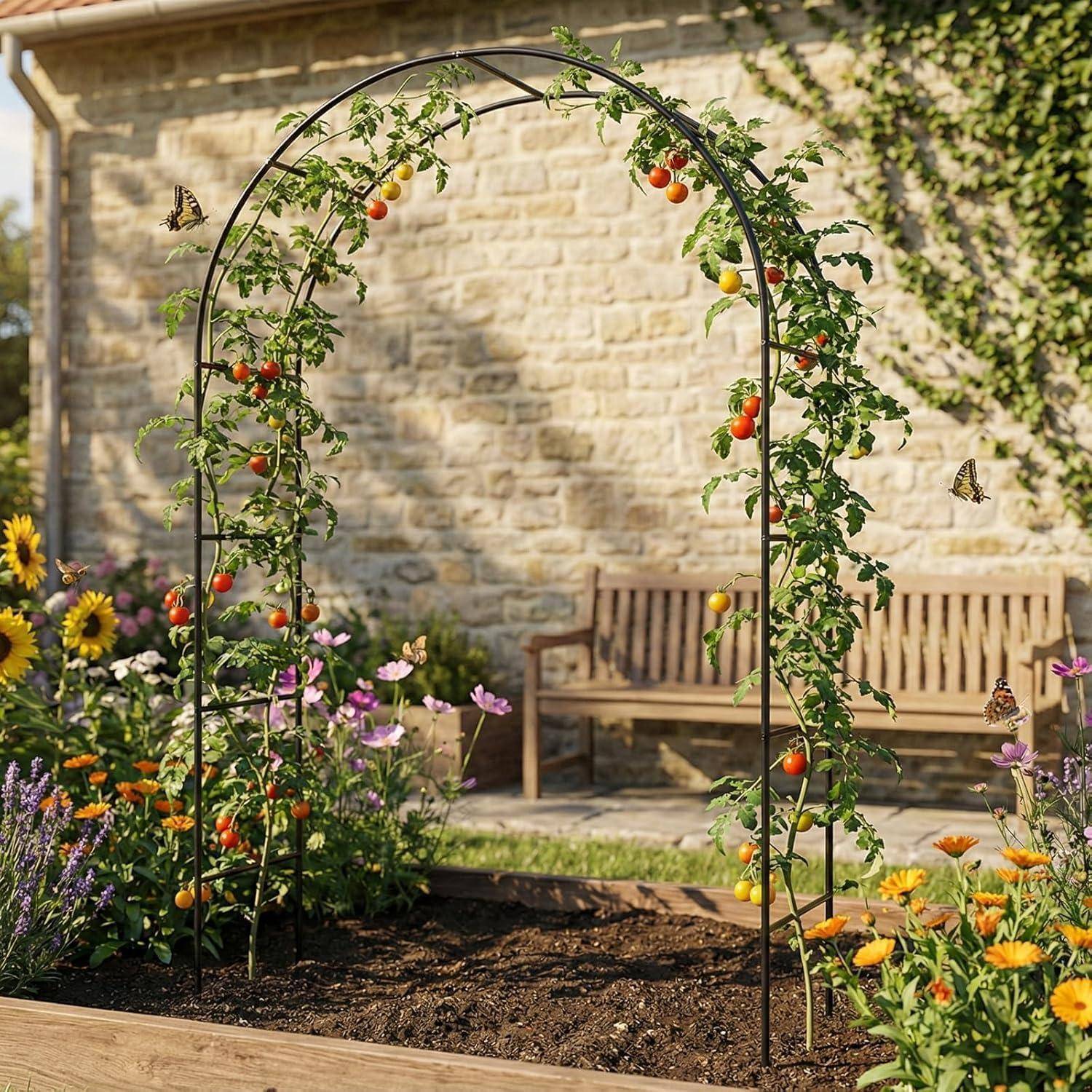Tomatenpflanzen wachsen auf einem metallenen Spalierbogen in einem Gartenbeet, mit reifenden roten und gelben Früchten, Blüten, Bänken und Schmetterlingen im Hintergrund.