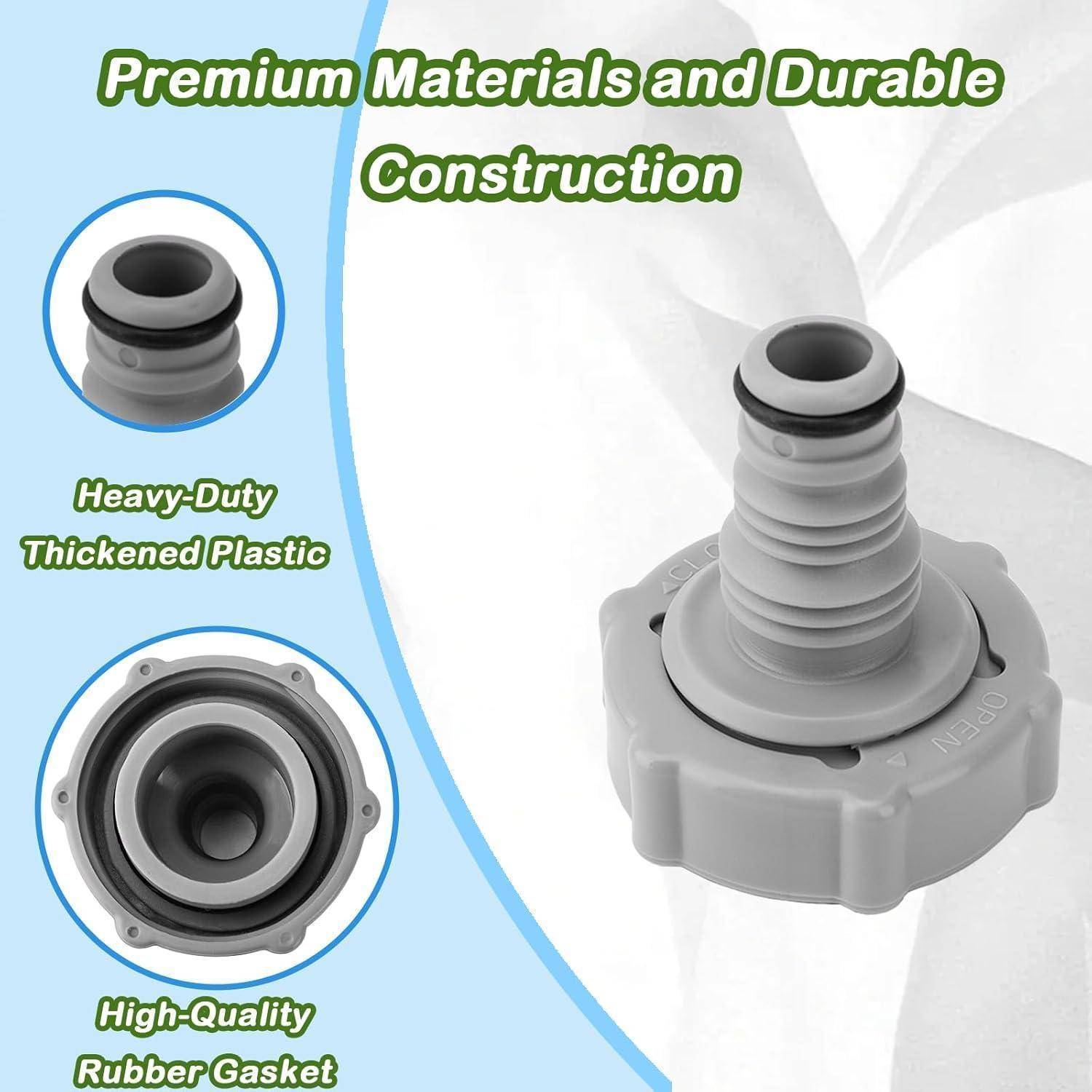 Produktanzeige mit einem grauen Schlauchverbinder, der „Premium-Materialien und strapazierfähige Konstruktion