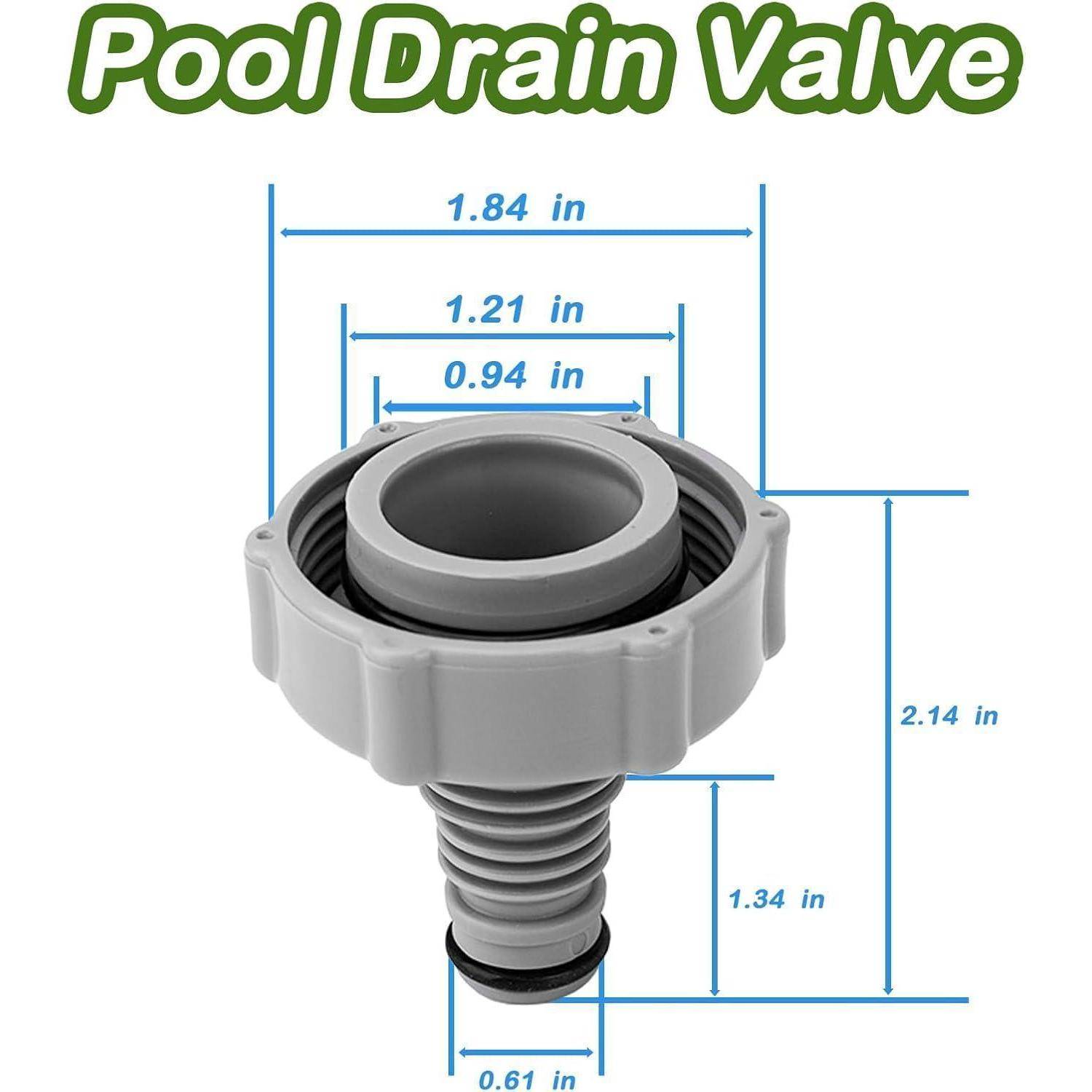 Illustration eines Poolablassventils mit beschrifteten Abmessungen: 1,84 Zoll breit, 2,14 Zoll hoch und kleinere Abmessungen von 1,21, 0,94, 1,34 und 0,61 Zoll.