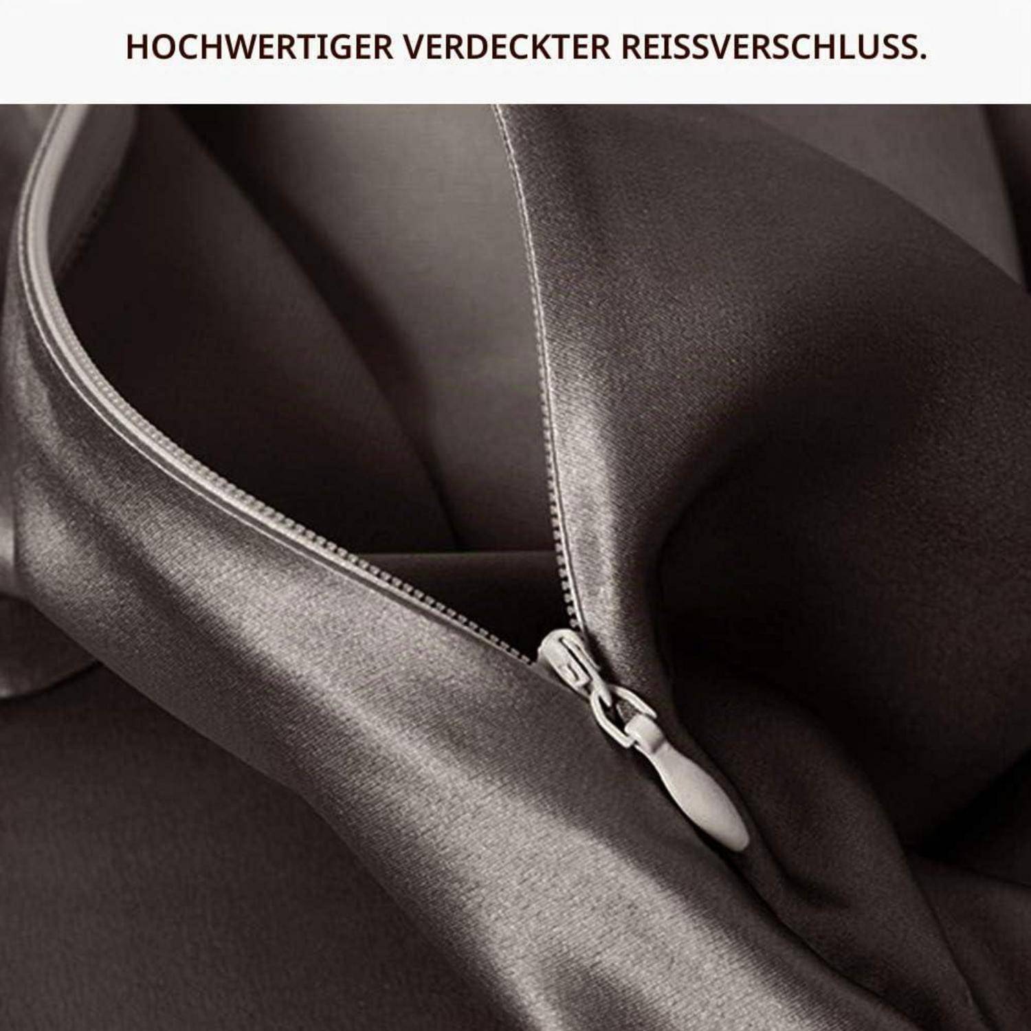 Nahaufnahme eines verborgenen Reißverschlusses in dunklem Stoff, beschriftet mit „HOCHWERTIGER VERDECKTER REISSVERSCHLUSS