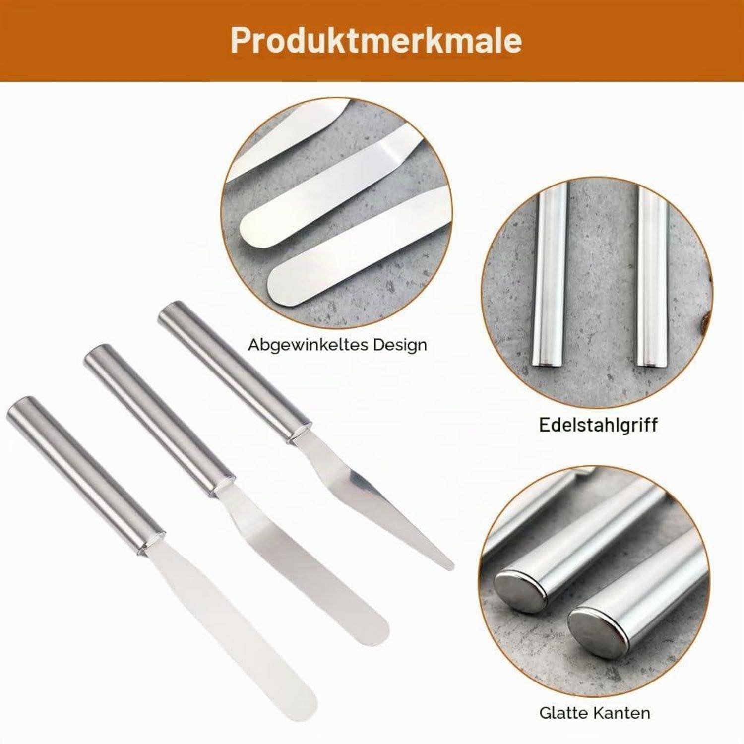 Produktmerkmale Illustration von Edelstahlspachteln mit abgewinkeltem Design, Stahlgriffen und glatten Kanten, dargestellt in Detailaufnahmen und Produktansicht.