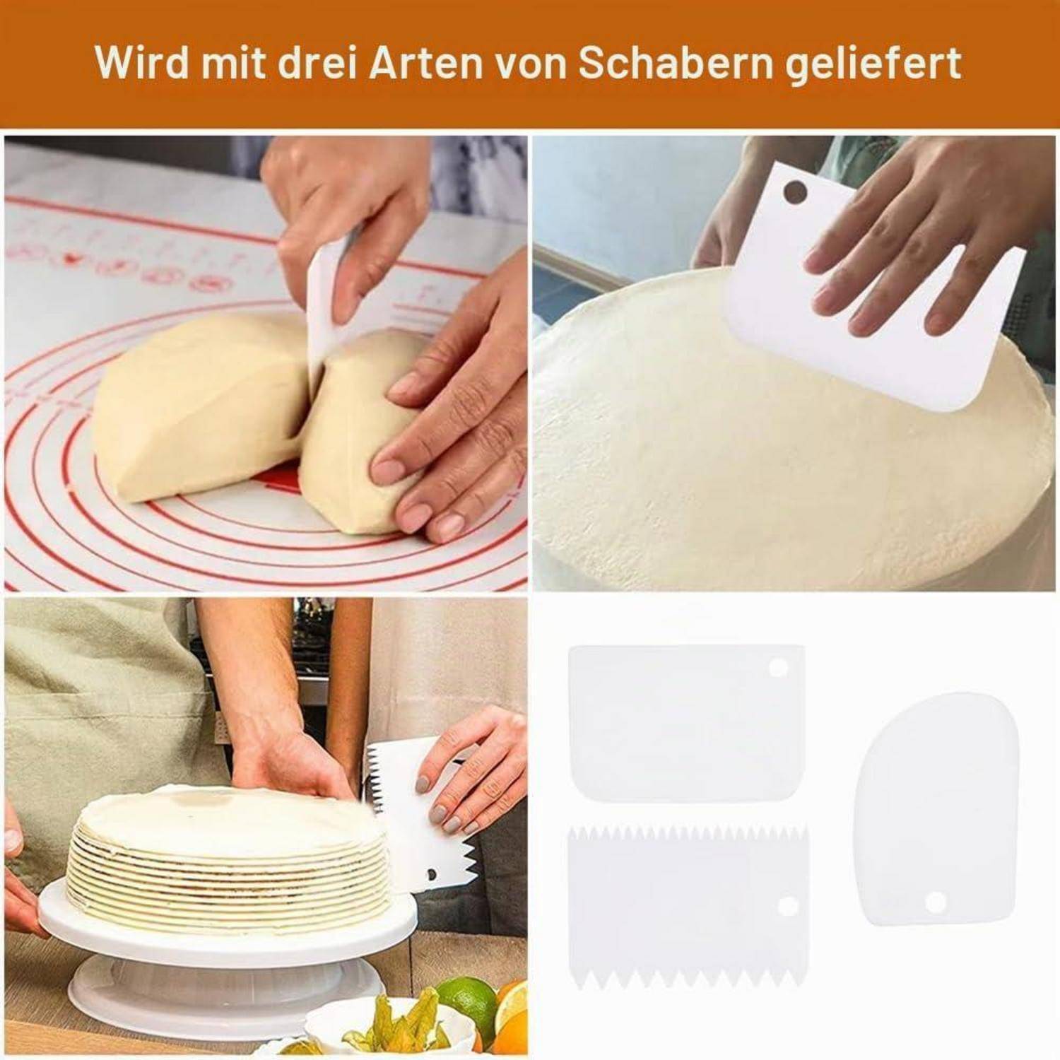 Collage, die drei Arten von Teigschabern zeigt, die zum Schneiden, Heben, Glätten und Verzieren von Kuchen oder Teig verwendet werden, wobei die Schaber auf der rechten Seite abgebildet sind.