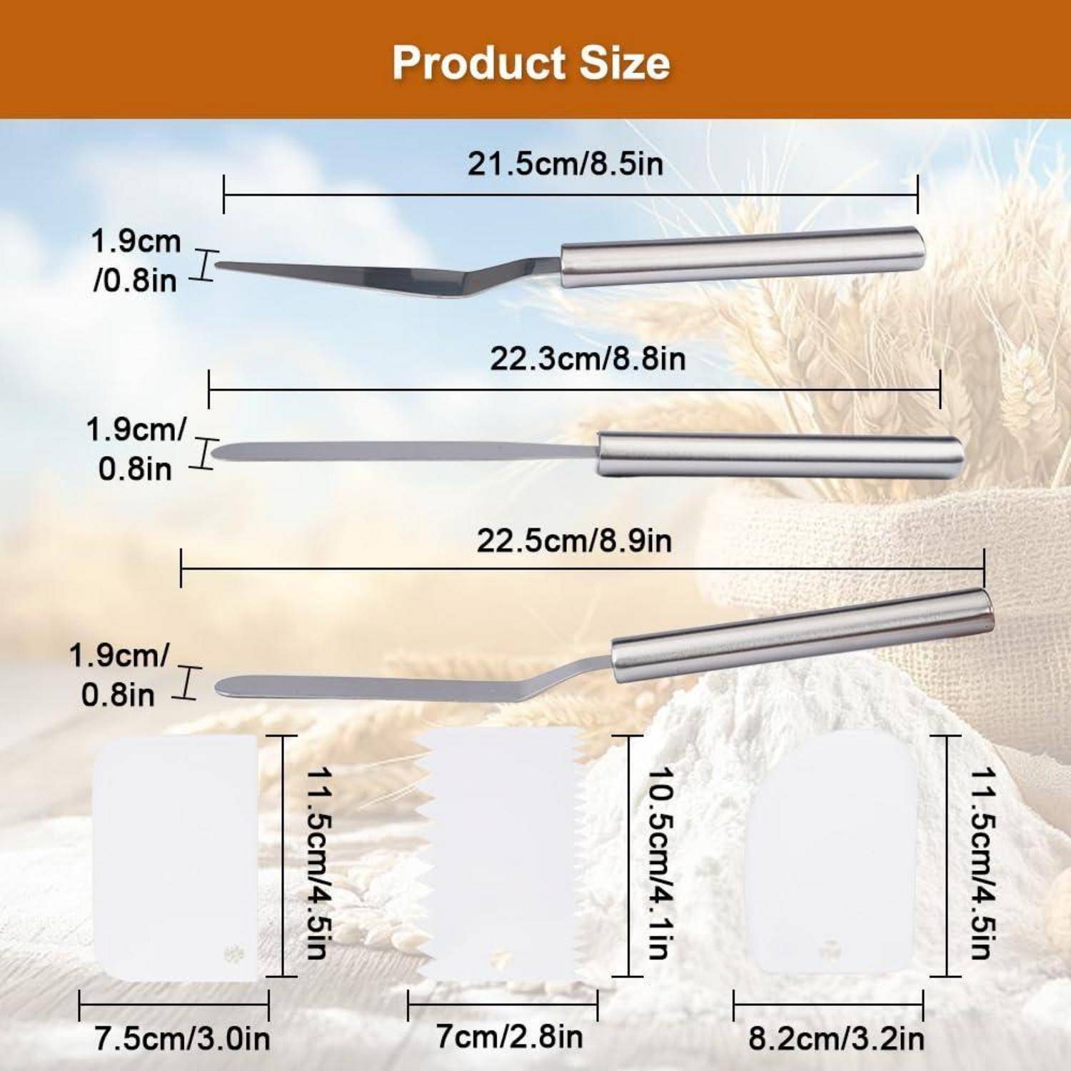 Größentabelle für Produkte mit drei Edelstahl-Pflegeutensilien mit Klingenlängen von 21,5 cm, 22,3 cm und 22,5 cm sowie Kopfbreite und Gesamtabmessungen.
