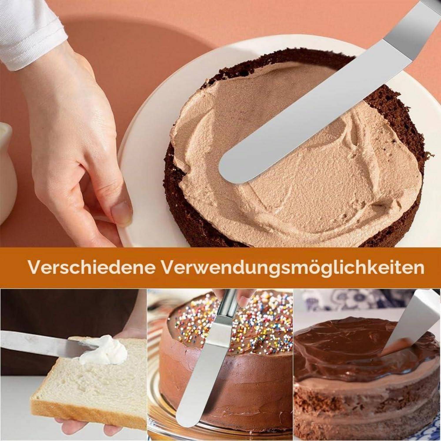Ein Kuchen, der mit einem Spatel glasiert wird, mit einem Banner mit der Aufschrift „Verschiedene Verwendungsmöglichkeiten