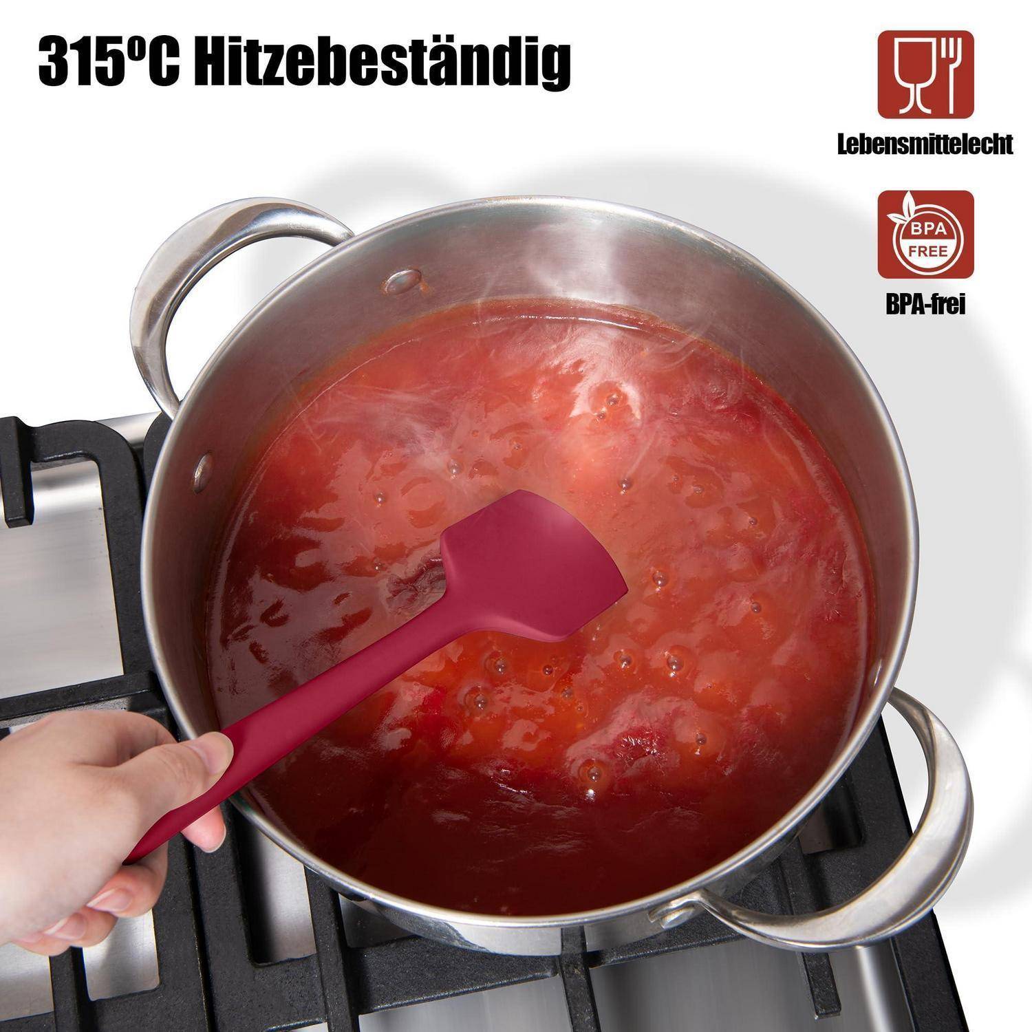 Draufsicht auf einen Topf mit roter Sauce, die auf einem Herd köchelt, gerührt mit einem rosa Spatel; Text sagt „315°C Hitzebeständig