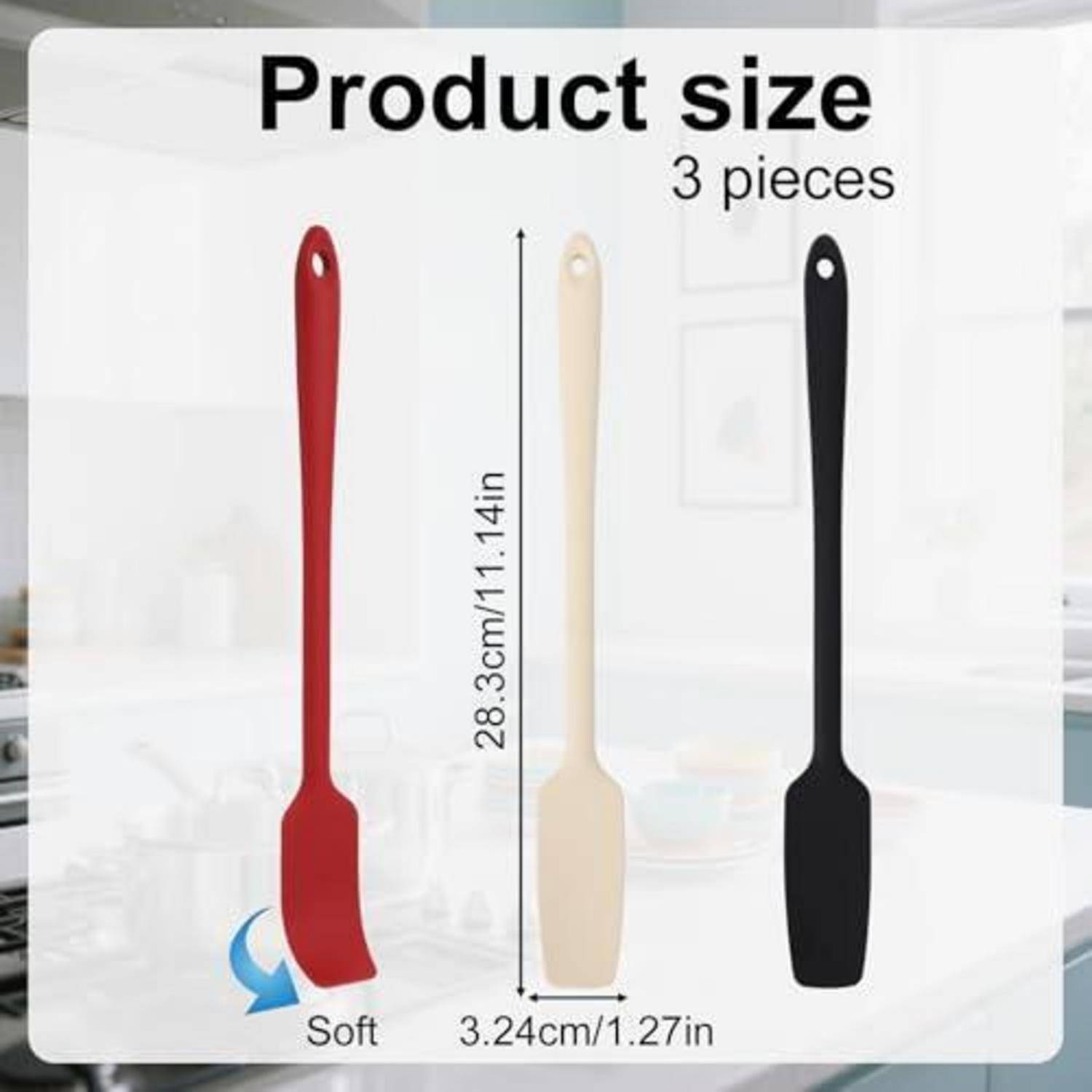 Größentabelle für 3 Spatel: drei Farben, etwa 28,3 cm (11,14 Zoll) lang und 3,24 cm (1,27 Zoll) breit; mit der Bezeichnung weich.