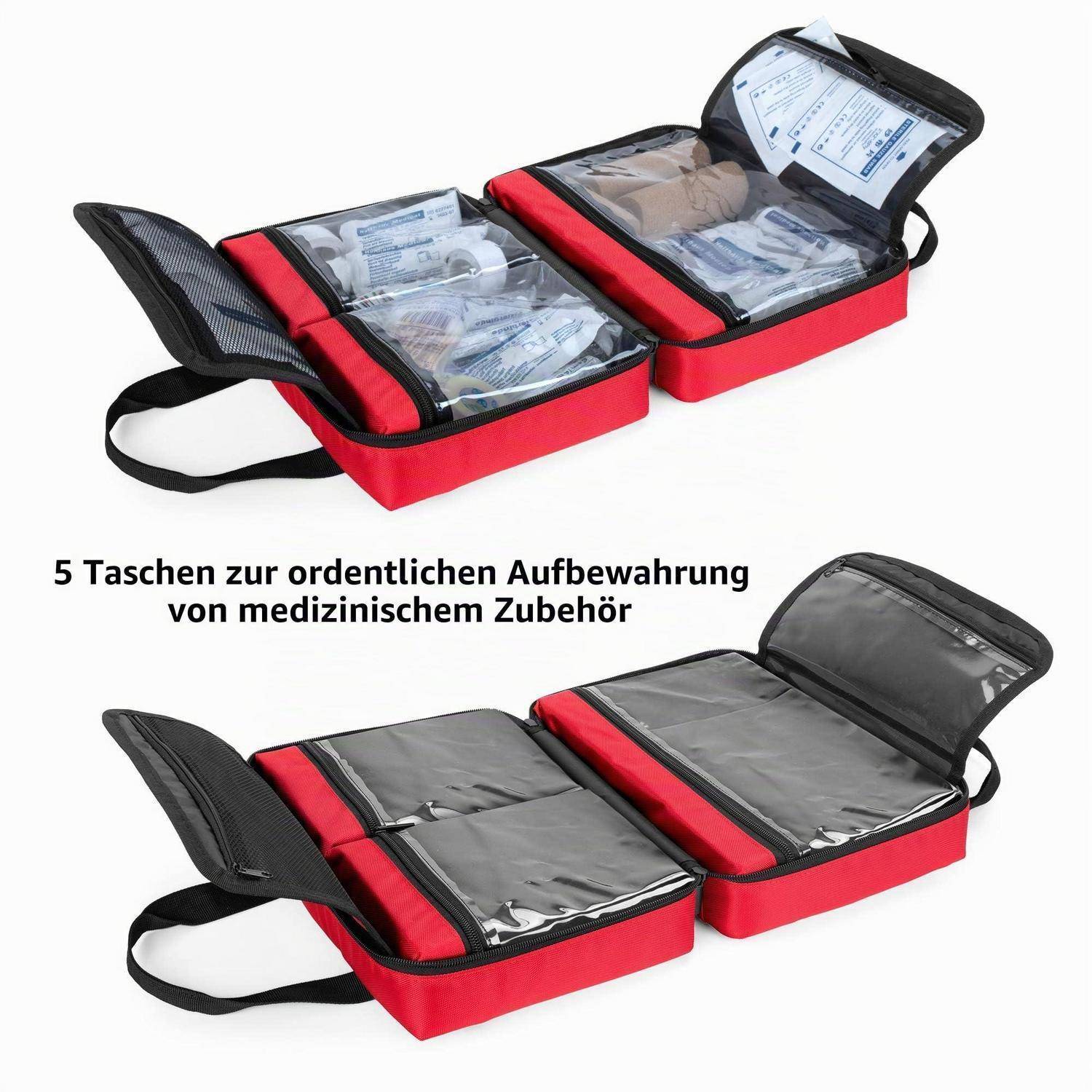 Rote medizinische Aufbewahrungstasche mit fünf Reißverschlussfächern zur ordentlichen Organisation von Medizinbedarf; abgebildet offen und geschlossen, mit deutschem Text, der besagt „5 Taschen zur ordentlichen Aufbewahrung von medizinischem Zubehör".