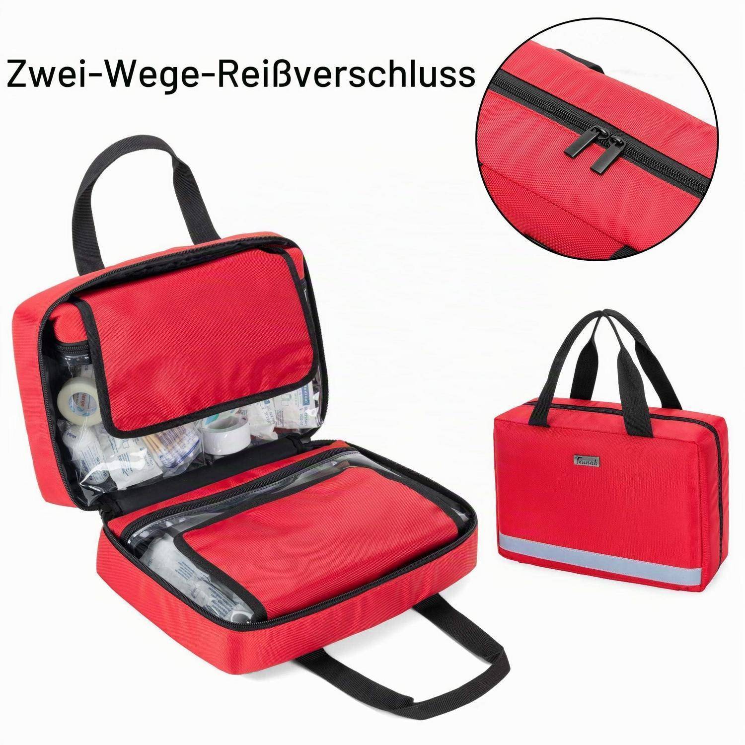 Rote Arzttasche mit Griff und Zwei-Wege-Reißverschluss, gezeigt mit offener Ansicht mit Fächern und geschlossener Ansicht; der Text lautet „Zwei-Wege-Reißverschluss".