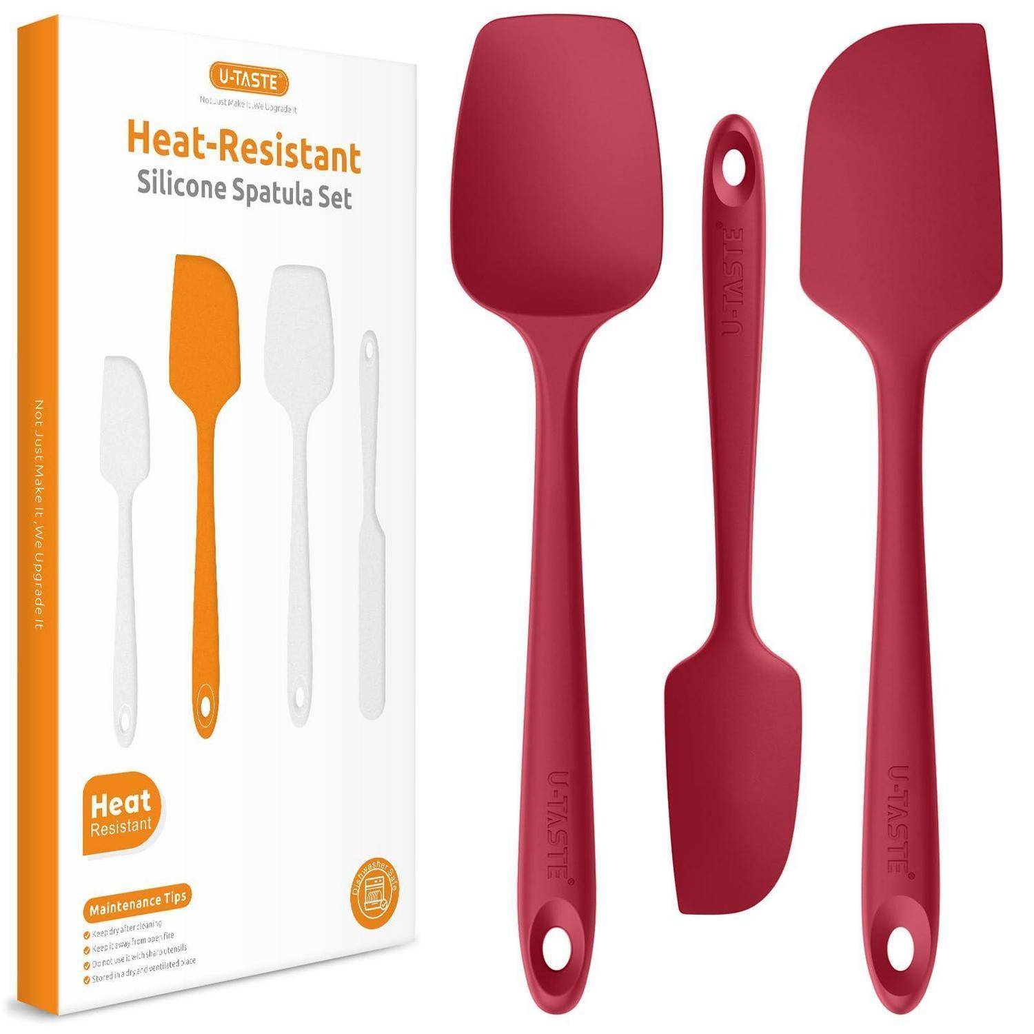 Hitzebeständiges Silikon-Spatel-Set mit drei roten Utensilien neben der Produktbox mit der Aufschrift „U-TASTE Heat-Resistant Silicone Spatula Set